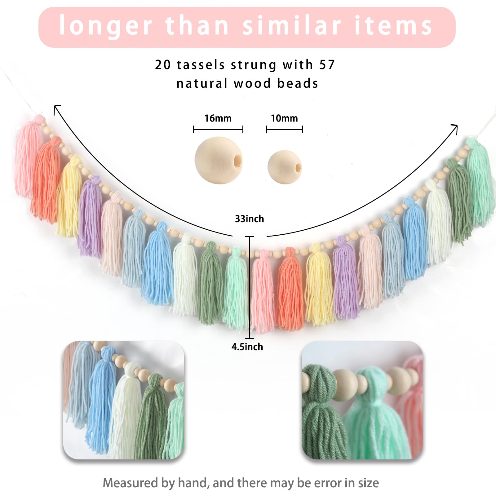 GIAUMA Boho Yarn Tassel Garland with Wood Beads Pastel Wall Hanging Tassels Bunting Banner for Spring Easter Classroom Nursery B