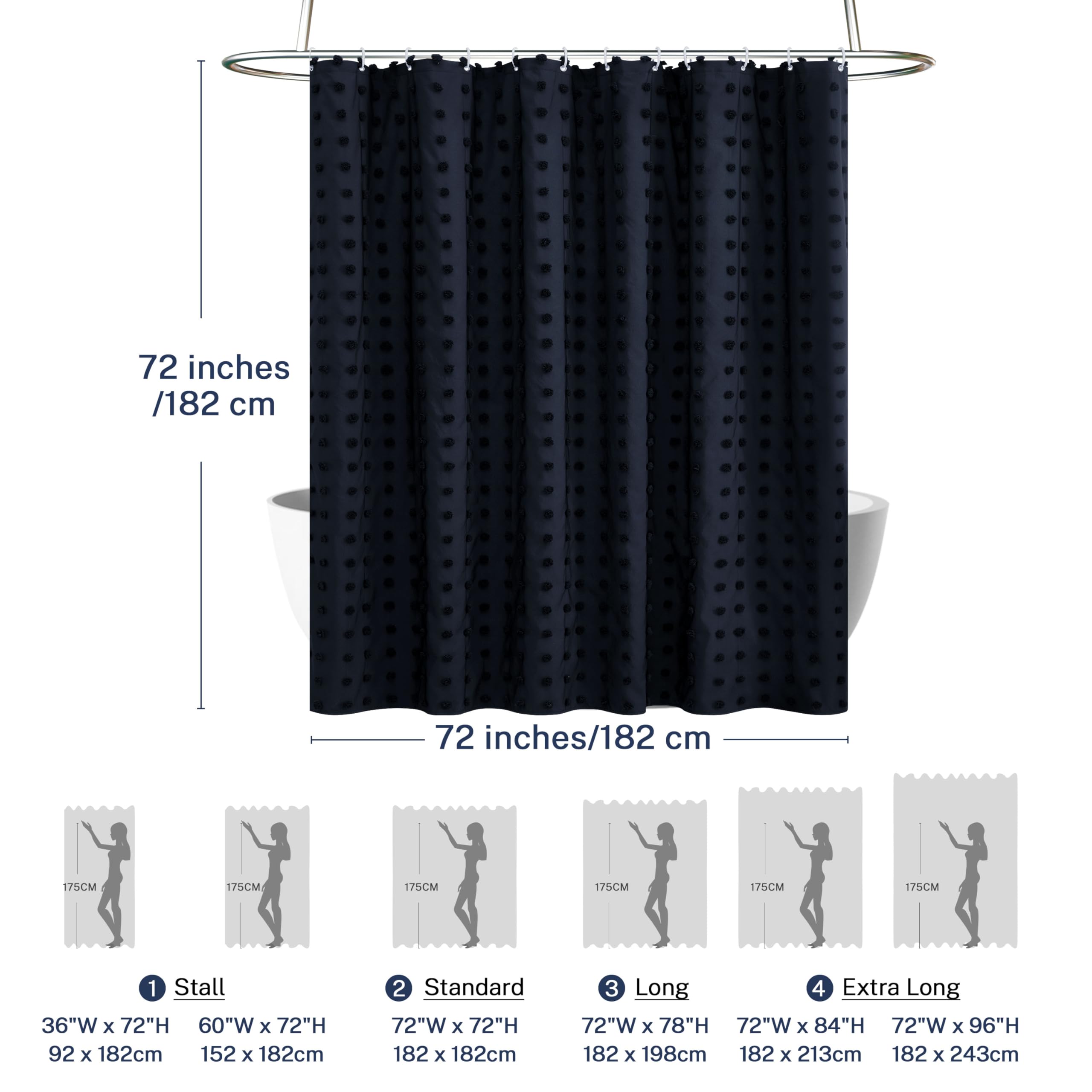 Siiluminisoy Boho Navy Blue Shower Curtain Woven Fabric Shower Curtain, 72 X 72 Tufted Pleat Floral Puffs Textured Modern Minima