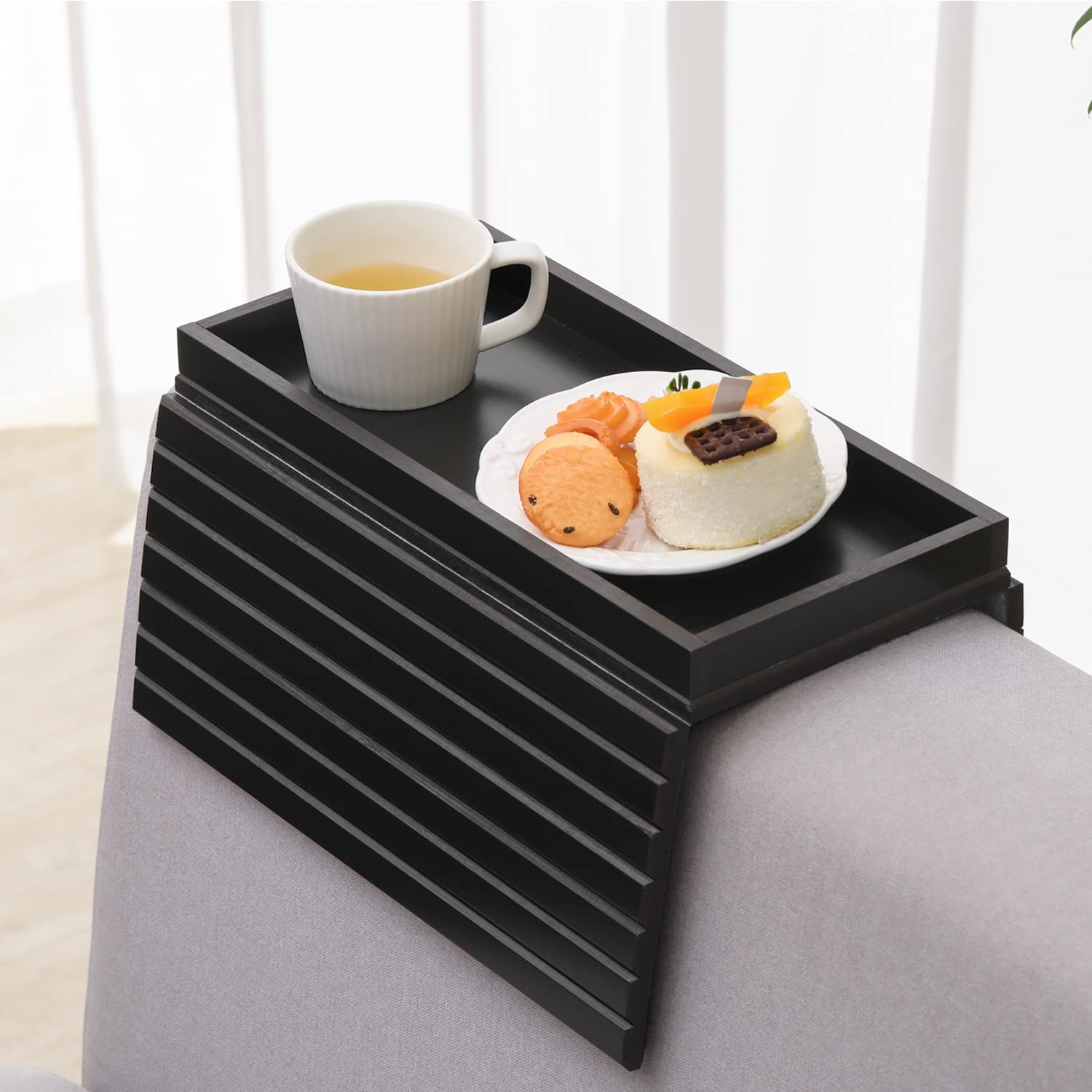 GEHE Bamboo Sofa Arm Tray, Foldable Couch Arm Tray Side Table, Anti-Falling Armrest Tables Cup Holder for Snacks, Drinks, Beers,
