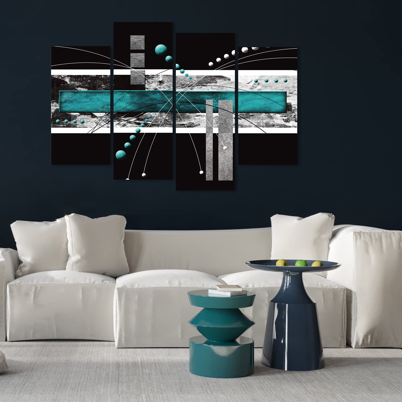 Ypy Large Black Teal Canvas Wall Art - 4 Panels Modern Abstract Picture Set For Home Decoration - Contemporary Painting Artwork