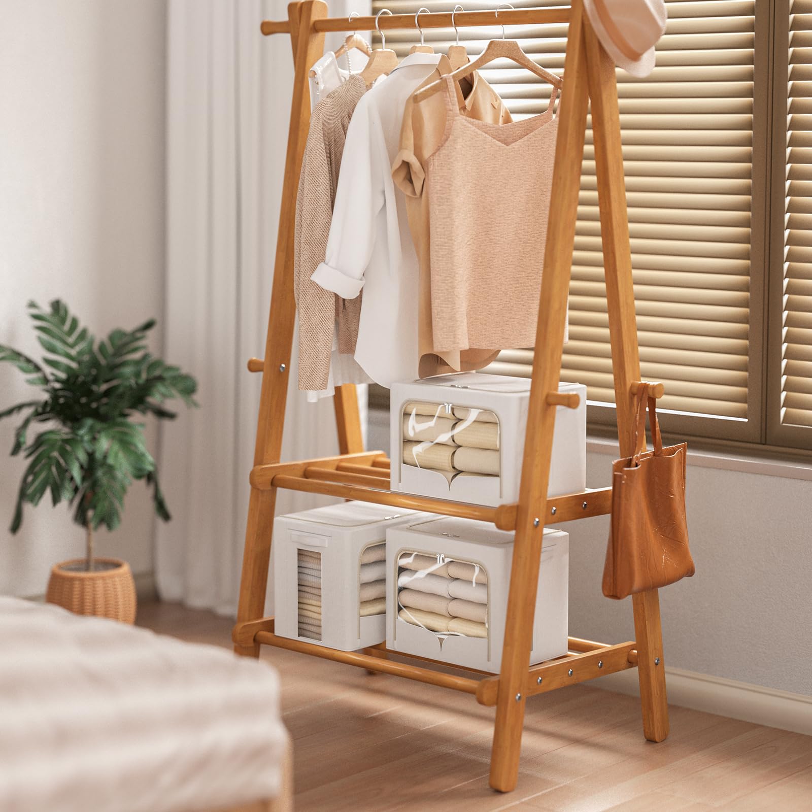 3 Pack Clothes Storage Bins - Foldable Metal Frame Storage Box - Stackable Linen Fabric Container Organizer Set with Carrying Ha