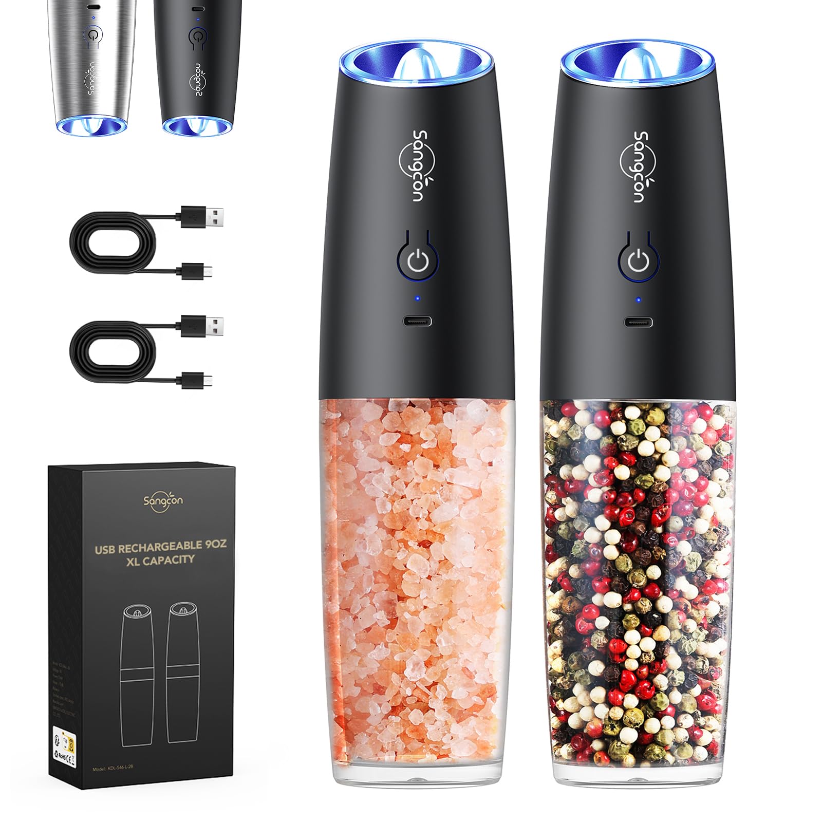 Sangcon Gravity Electric Salt And Pepper Grinder Set Shakers - Upgraded Rechargeable 9Oz Xl Capacity Usb-C No Battery Needed - L