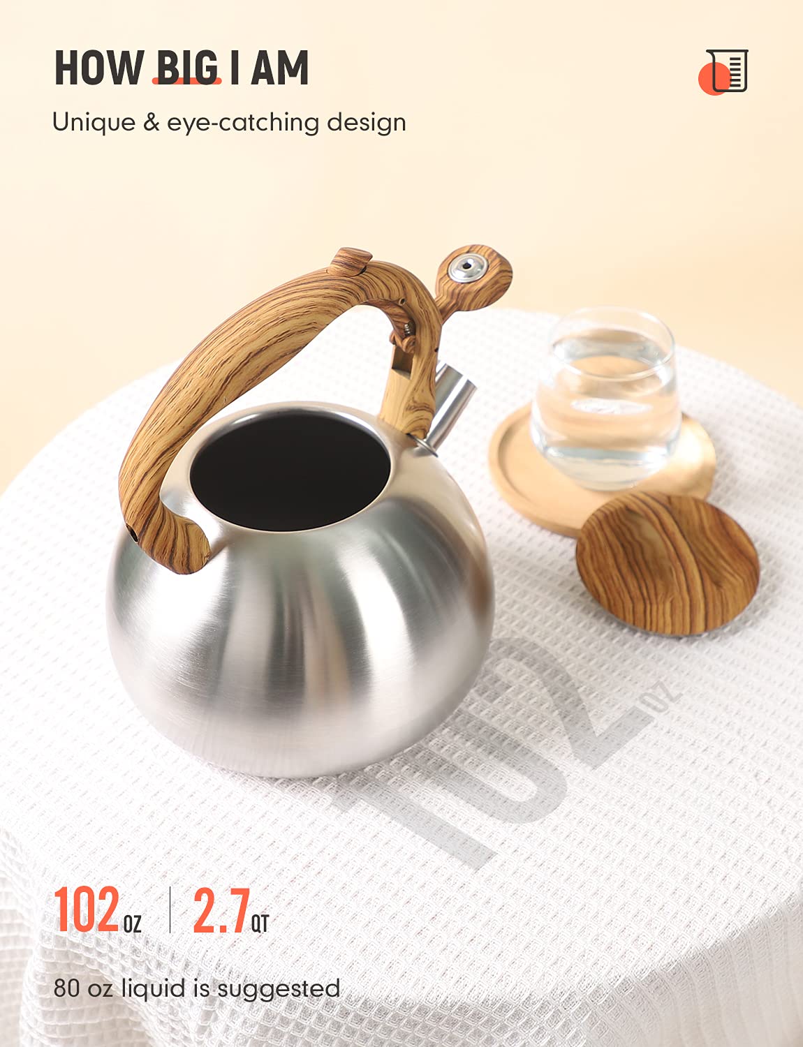 Tea Kettle, Belanko 102 Oz / 3 Liter Whistling Tea Kettle, Tea Pots For Stove Top Food Grade Stainless Steel With Wood Pattern H