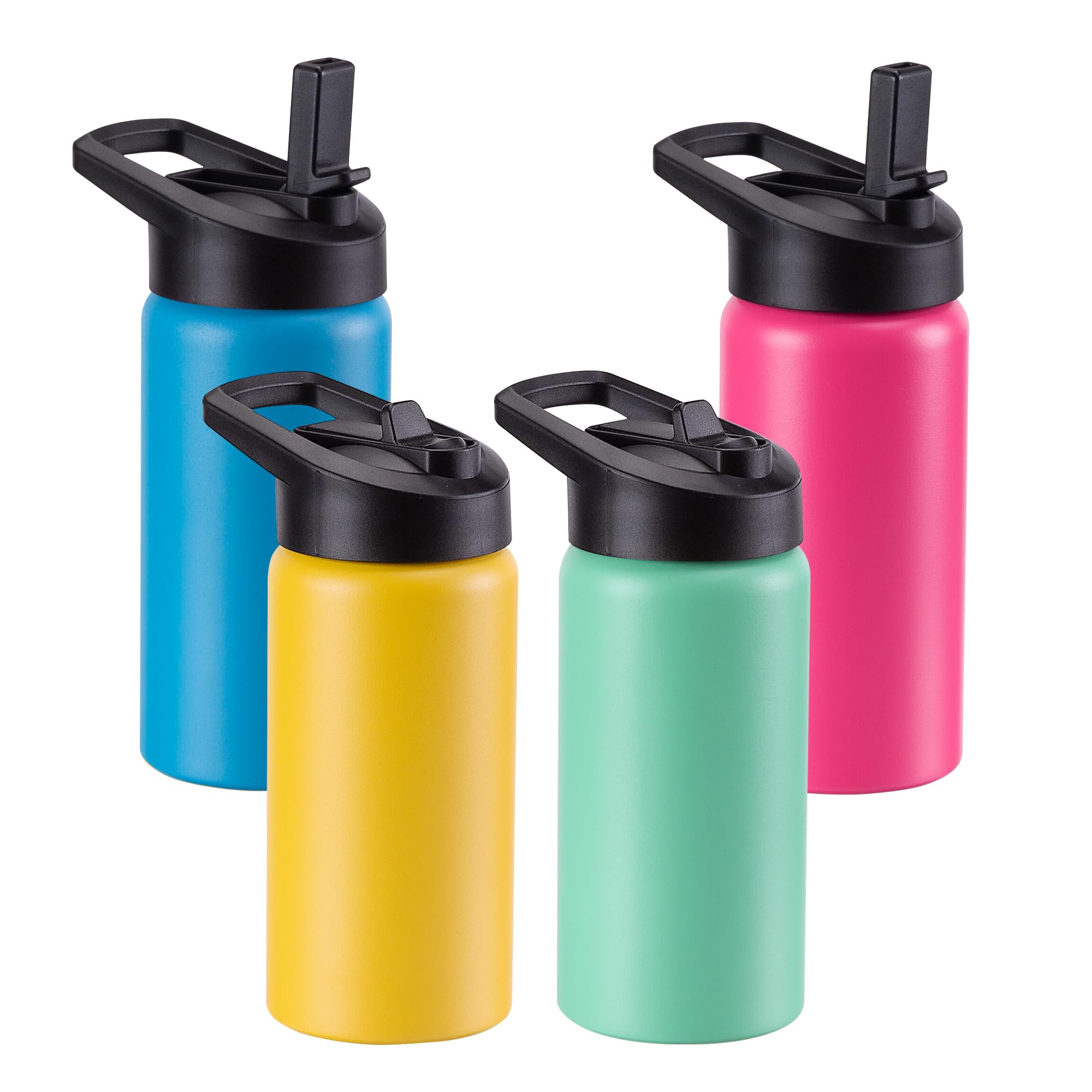 Kids Water Bottle with Straw Lid & Handle, 4 Pack 16oz Personalized Water Bottles Bulk, Dishwasher Safe, Leak Proof DIY Gift for