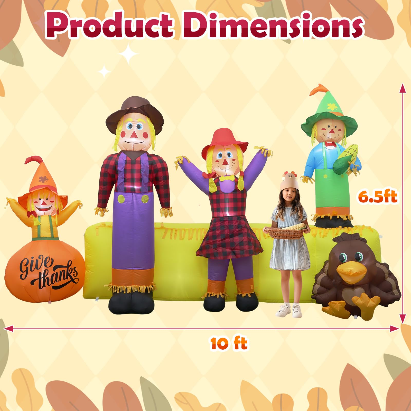 10 FT Thanksgiving Inflatables Fall Outdoor Decorations, Blow Up 4 Scarecrow Family & Hay Bale & Turkey, Built-in 9 LED Lights &