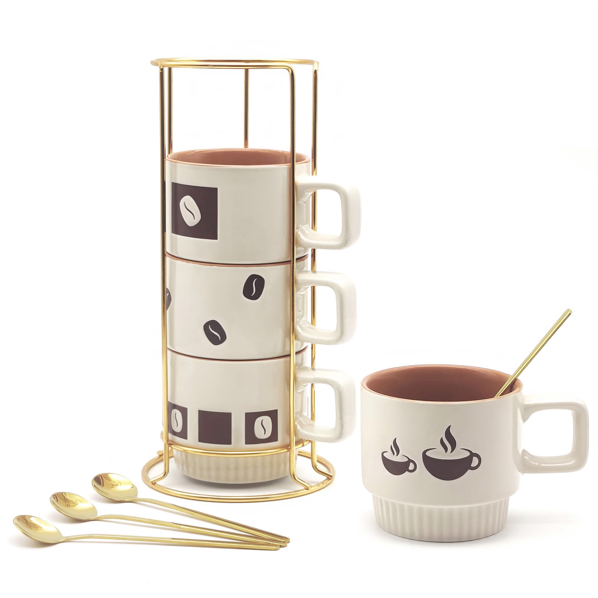MOCERAKAI Stackable Coffee Mug Sets of 4 with Rack Tea Cup Set with Spoon 11oz for Coffee, Tea, Cocoa, Cappuccino, Hot Chocolate