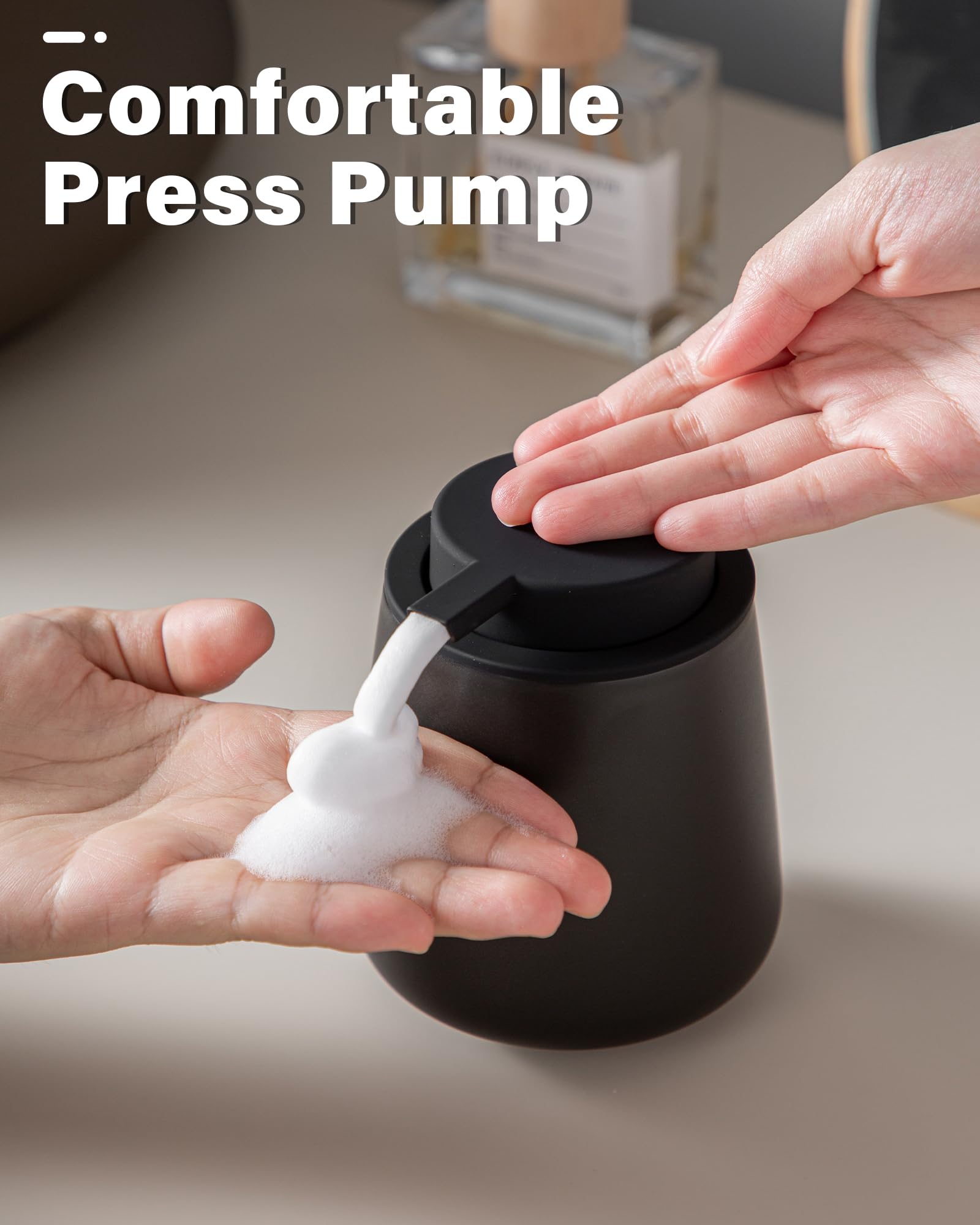 Foam Hand Soap Dispenser - 12 oz Bathroom Lotion Hand Pump Dispenser  Ceramic Foaming Soap Dispenser with Removable Pump for Kitchen Hand Wash Dispenser  Black
