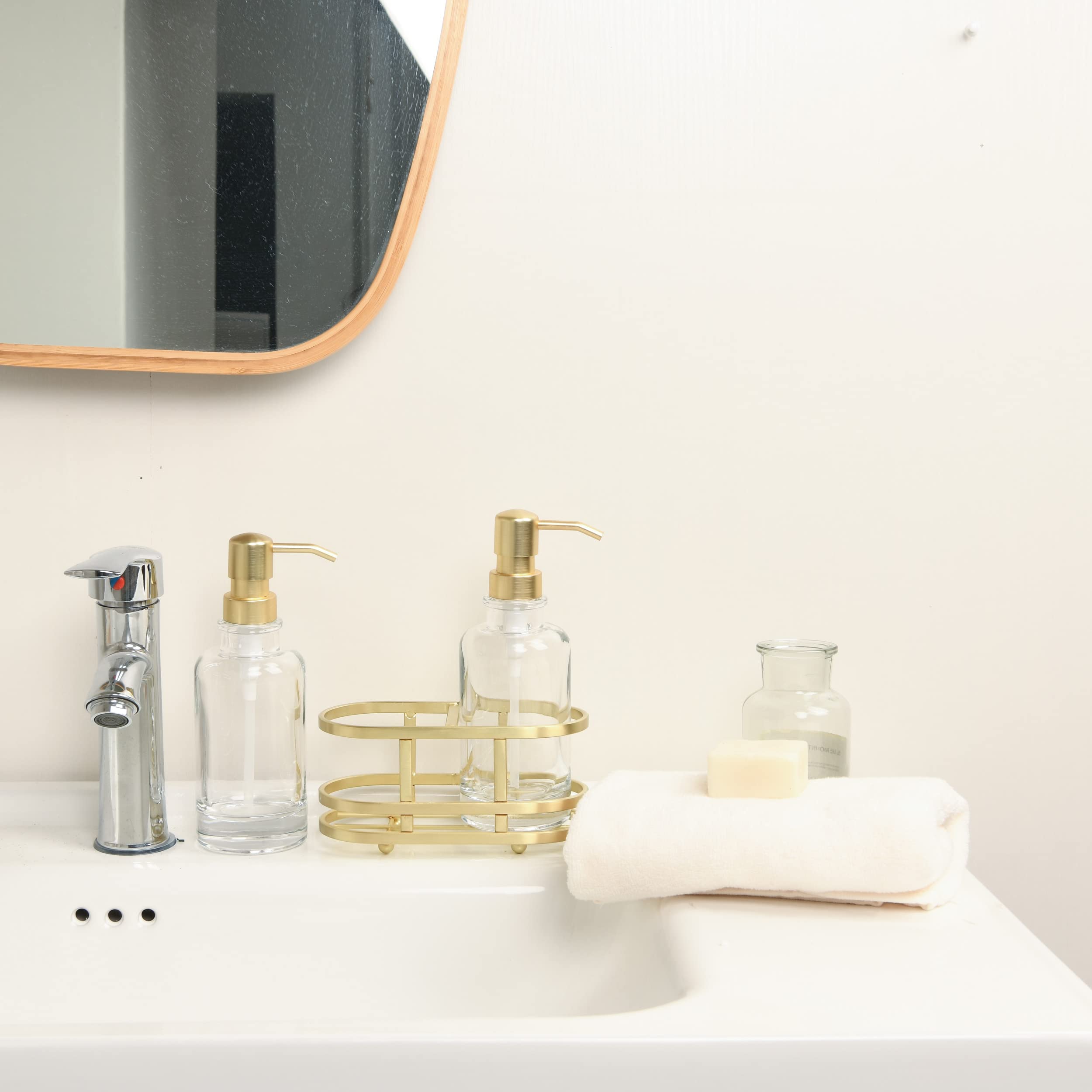 3-Piece Round Heavy Weight Glass Soap Lotion Pump Dispenser Set With Metal Caddy For Home Bath Kitchen Travel Office Hand Crafte