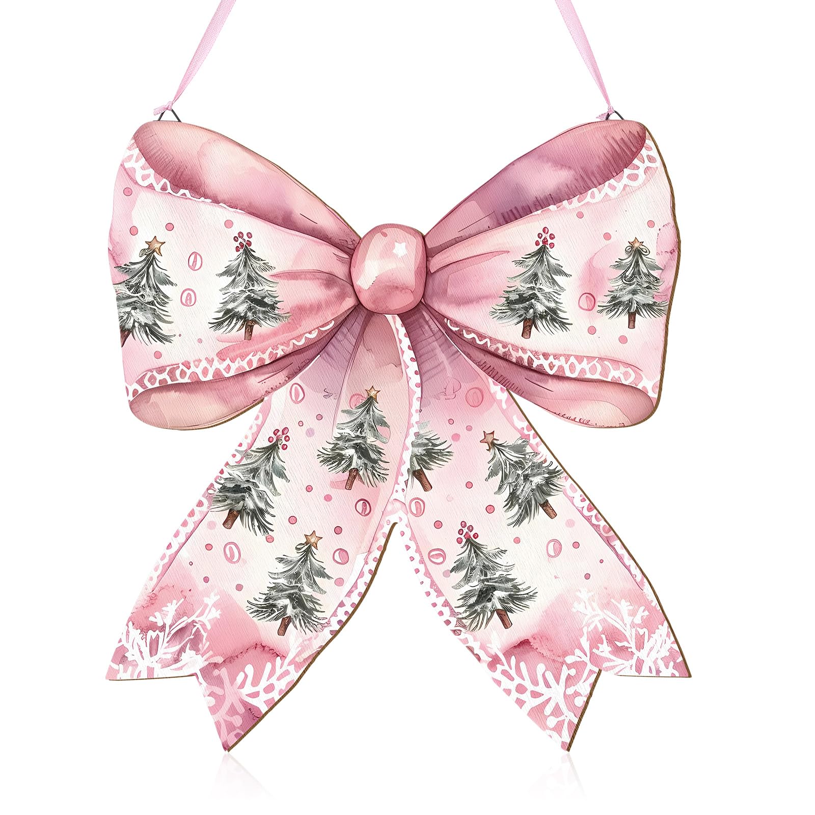 RattanView Christmas Tree Pink Bow Wooden Hanging Sign Coquette Bow Wall Hanging Hanger Xmas Cute Preppy Wall Art Bowknot Welcom