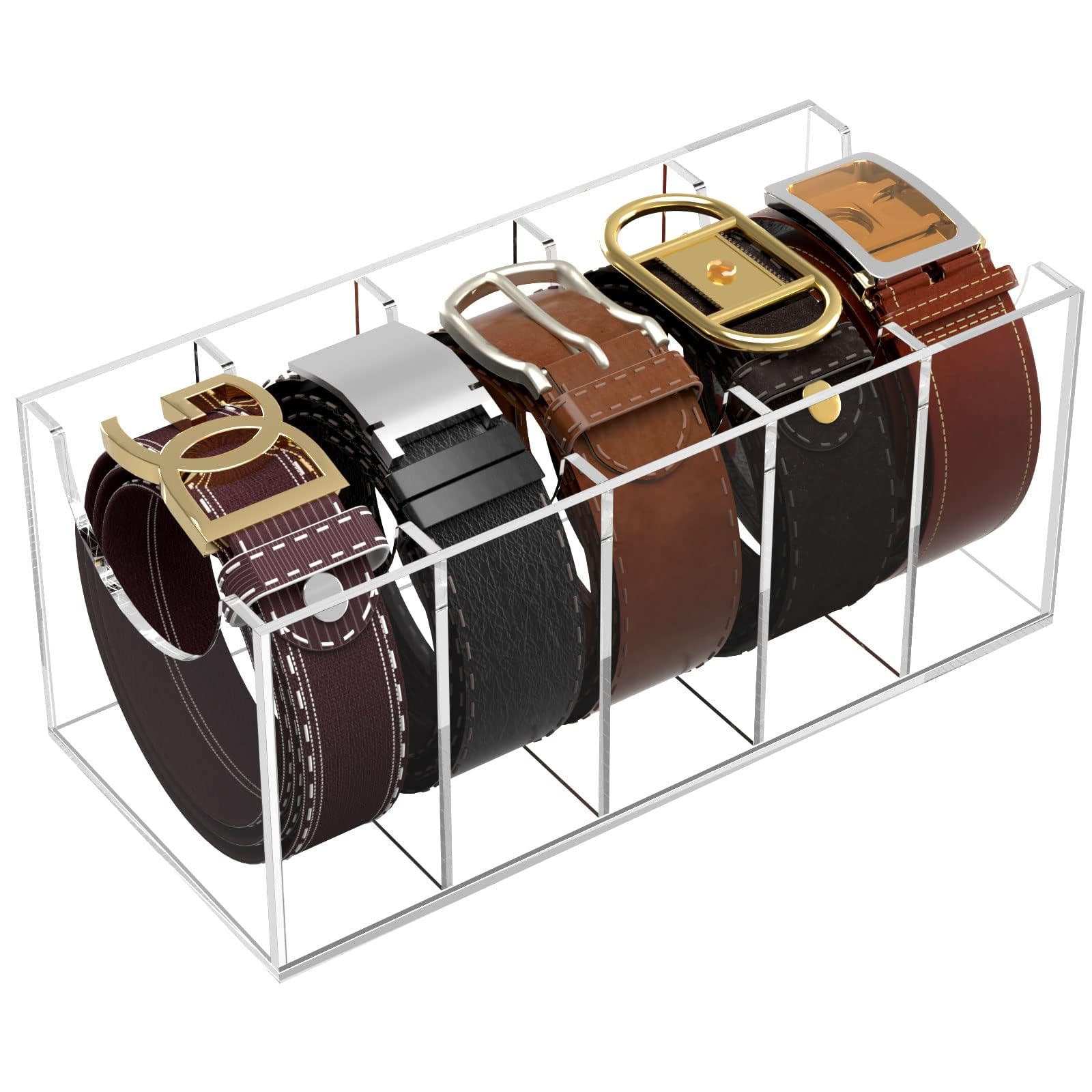 Niubee Belt Organizer, Acrylic Belt Storage Holder For The Closet, 5 Compartments Display Case For Tie And Bow Tie