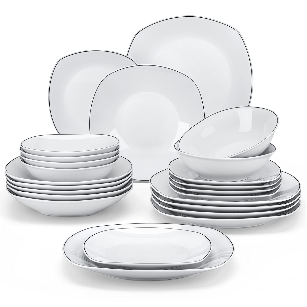 MALACASA Dinnerware Sets, 24-Piece Porcelain Square Dishes - White with Black Rim, Modern Dish Set for 6 - Plates and Bowls Sets