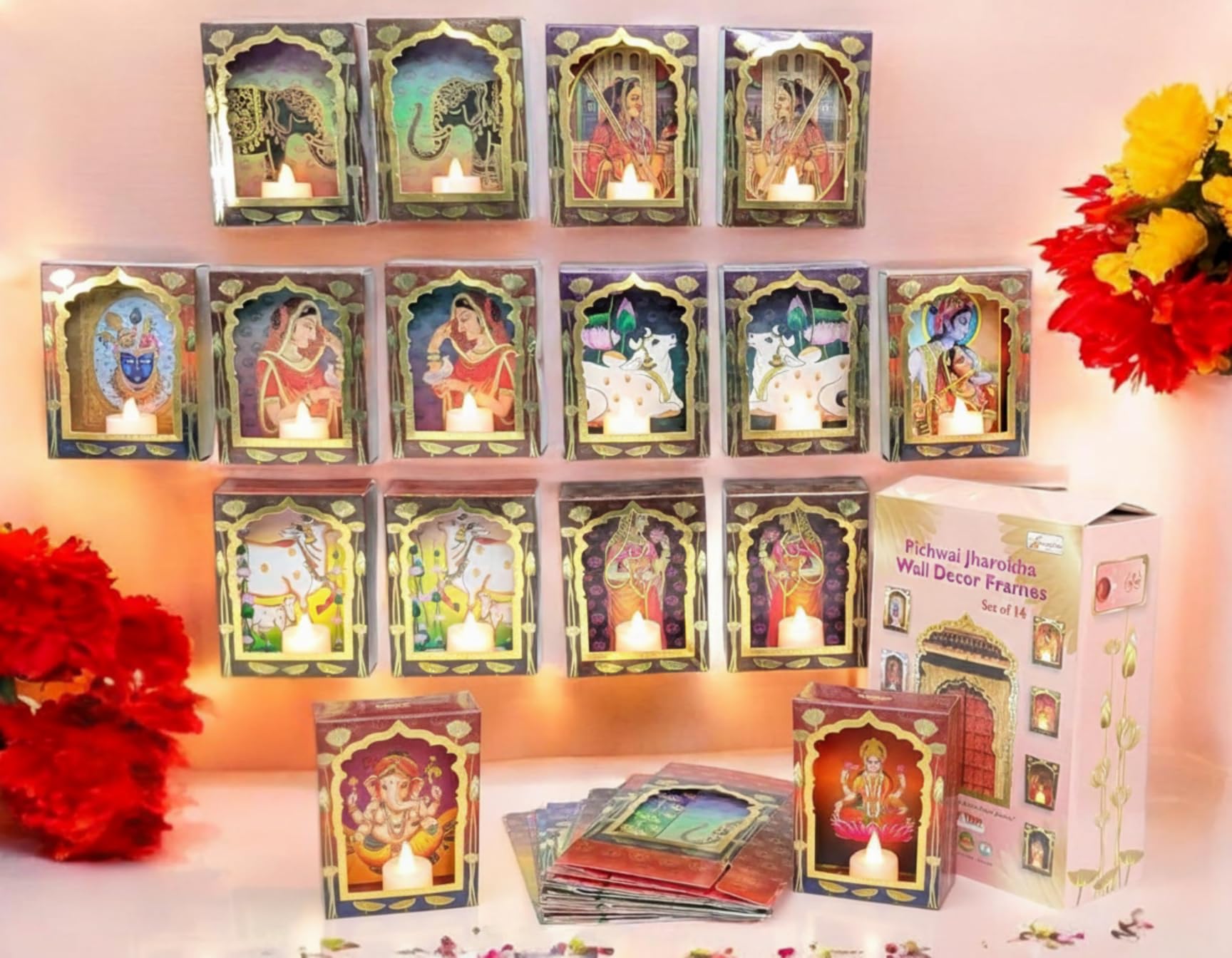 StepsToDo Pitchwai Jharokha Wall Dcor Box Frames (Pack of 14) Deep Deewar With LED Candle, Jharokha Style Wall & Home Decor for