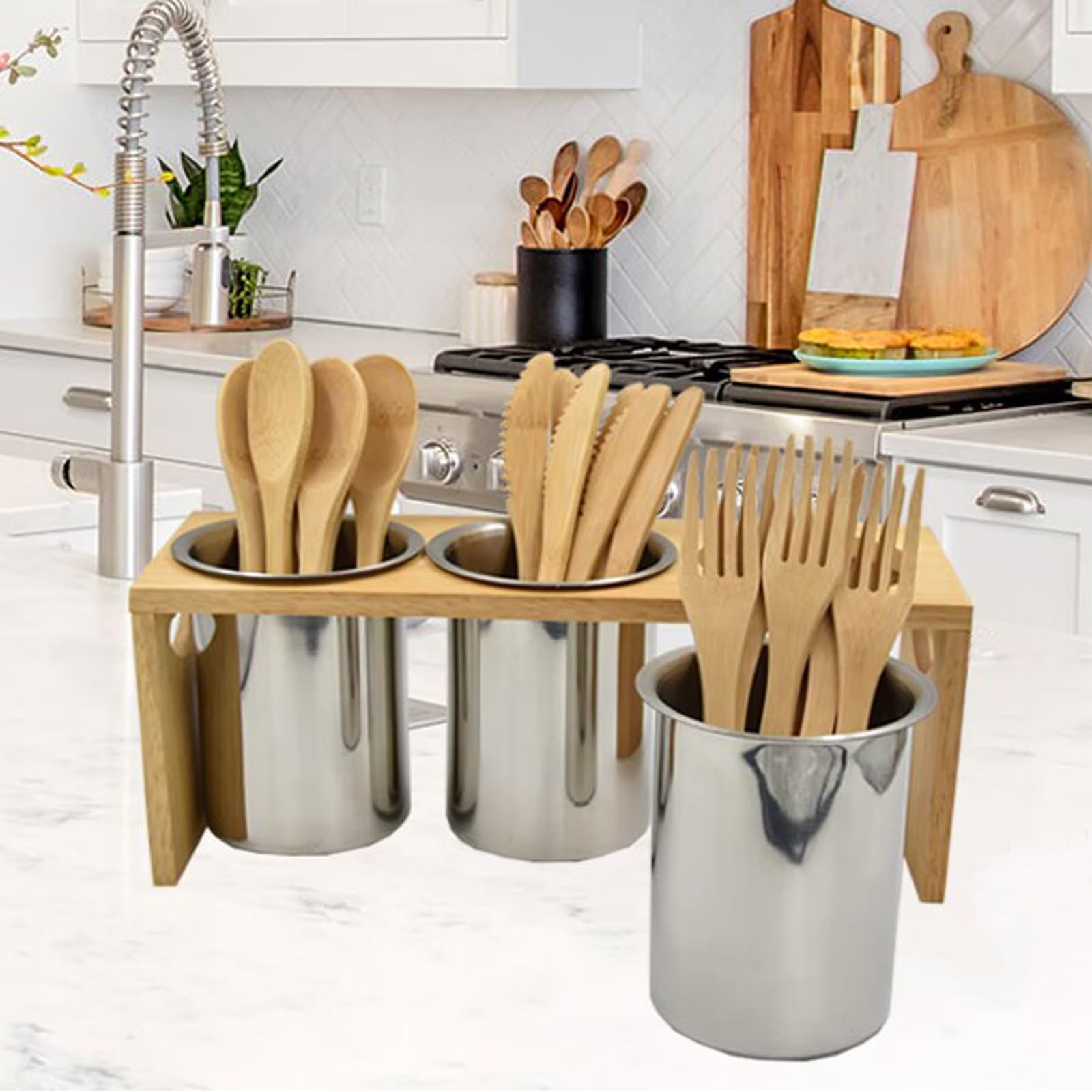 Flatware Caddy Stainless Steel Cutlery Holder With Wood Base