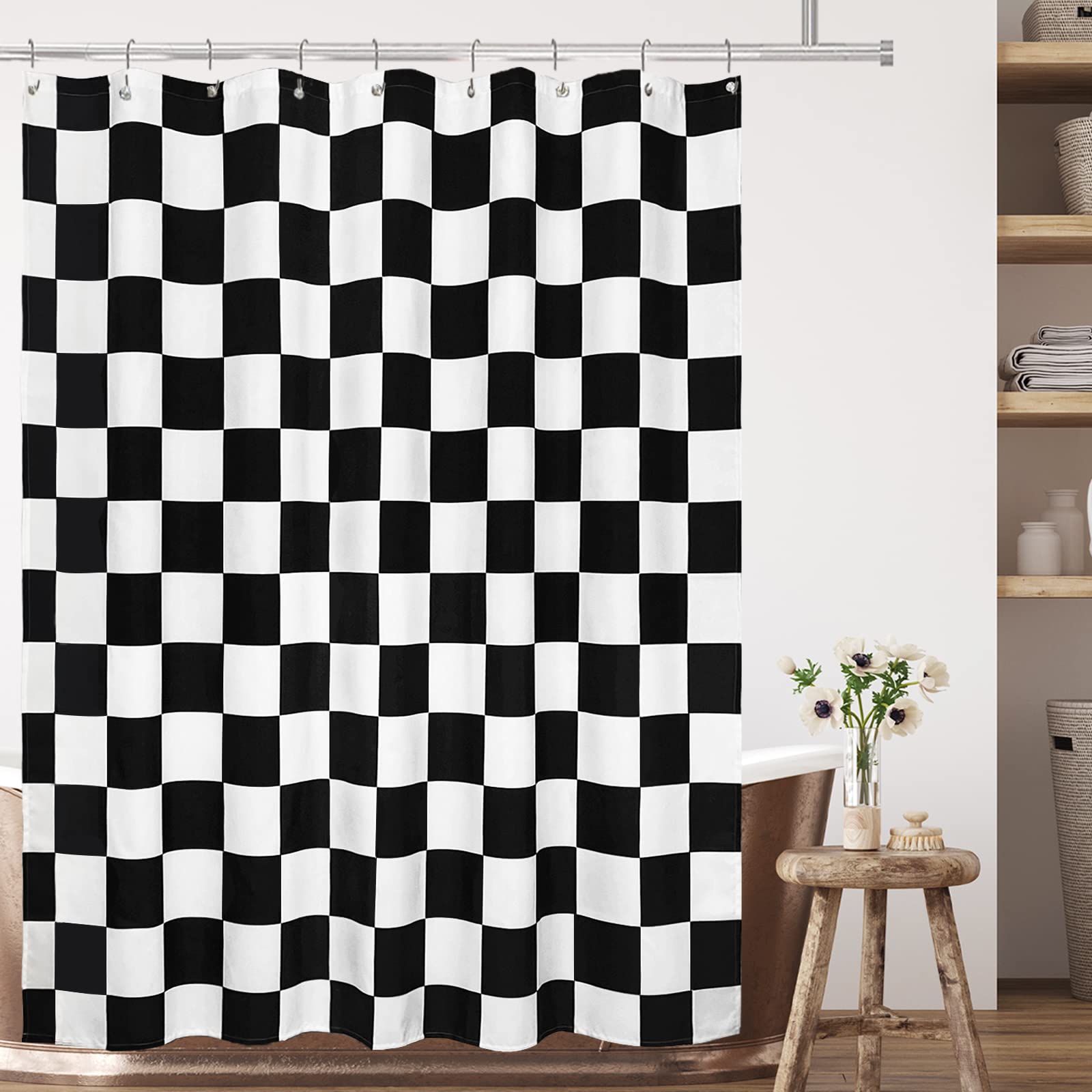 Tititex Aesthetic Checkerboard Grid Pattern Shower Curtain, White Black Modern Shower Curtain Sets Decoration 71X71 Inch With Ho