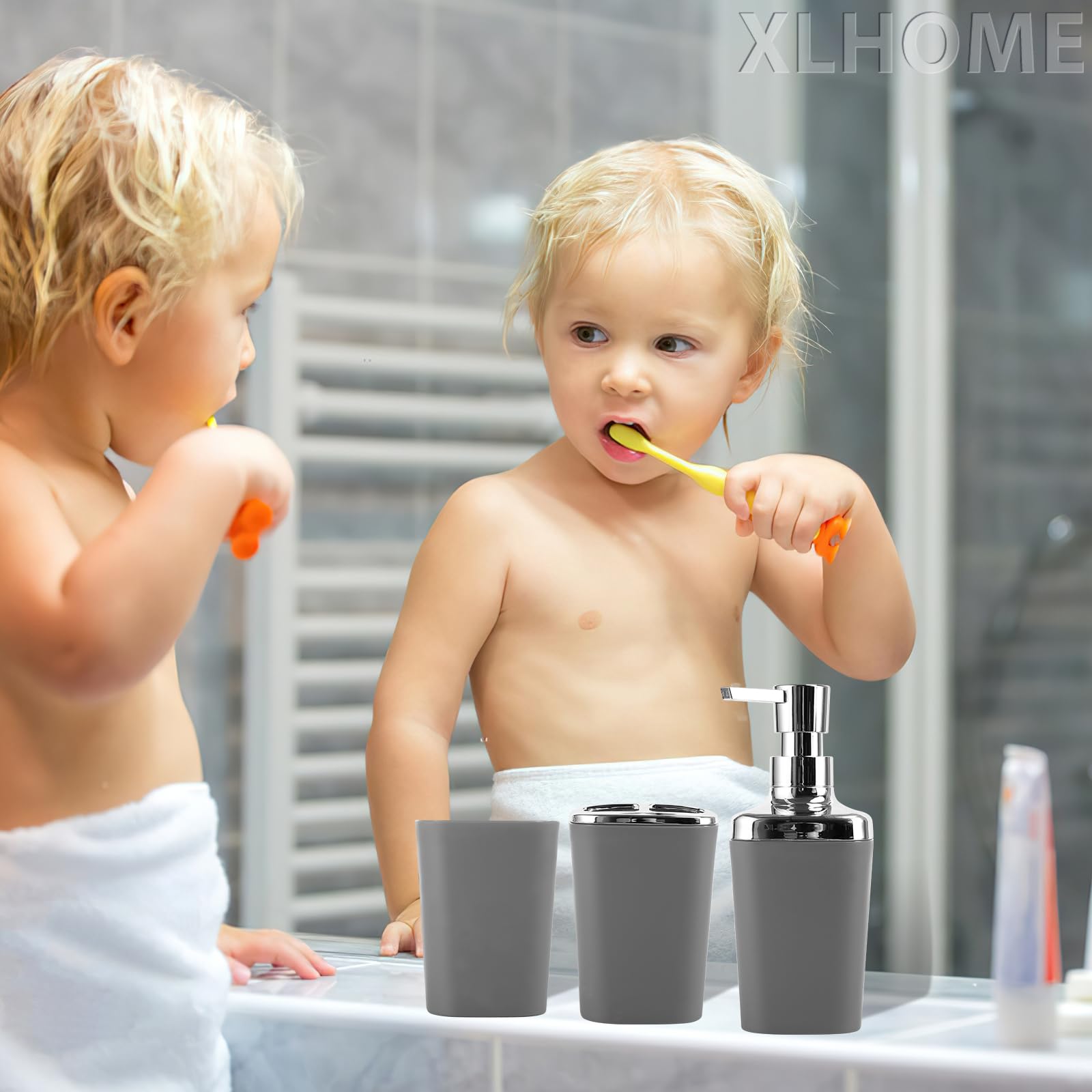 Grey Bathroom Accessories Set, 9-Piece Bathroom Accessory Set With Trash Can, Vanity Tray, Soap Dispenser, Soap Dish, Toothbrush