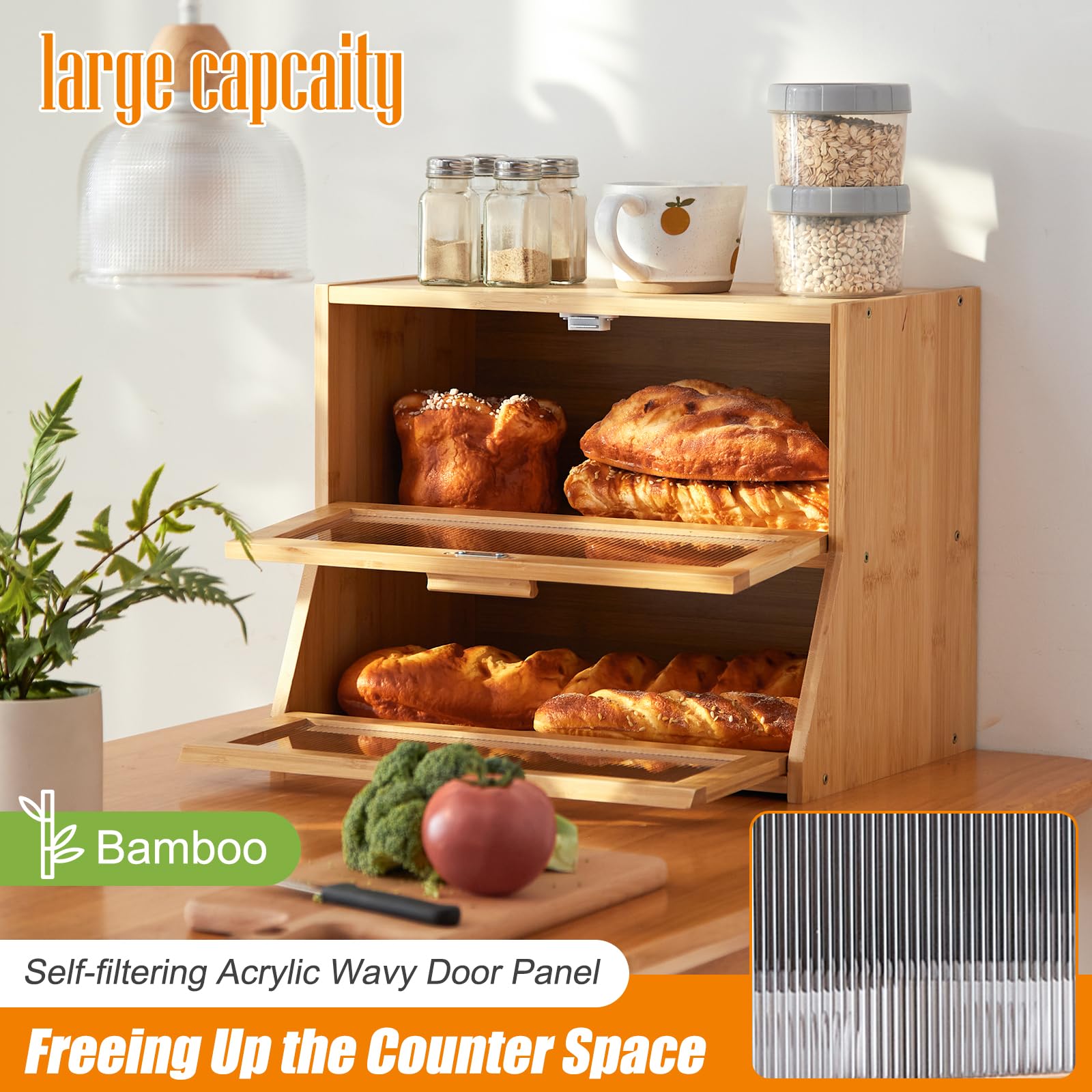 GHWIE Bamboo Bread Box, Large Capacity Storage Bin with Acrylic Wavy Door, Medium Size, Natural Color, Model 520-CH-DTXMBX-YS
