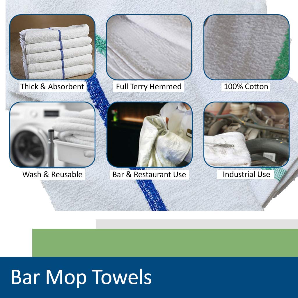 28Oz Bar Mop Towels 16X19, 100% Cotton, Commercial Grade Professional Kitchen/Restaurant Barmop Towels (Green Stripe-48 Pack)