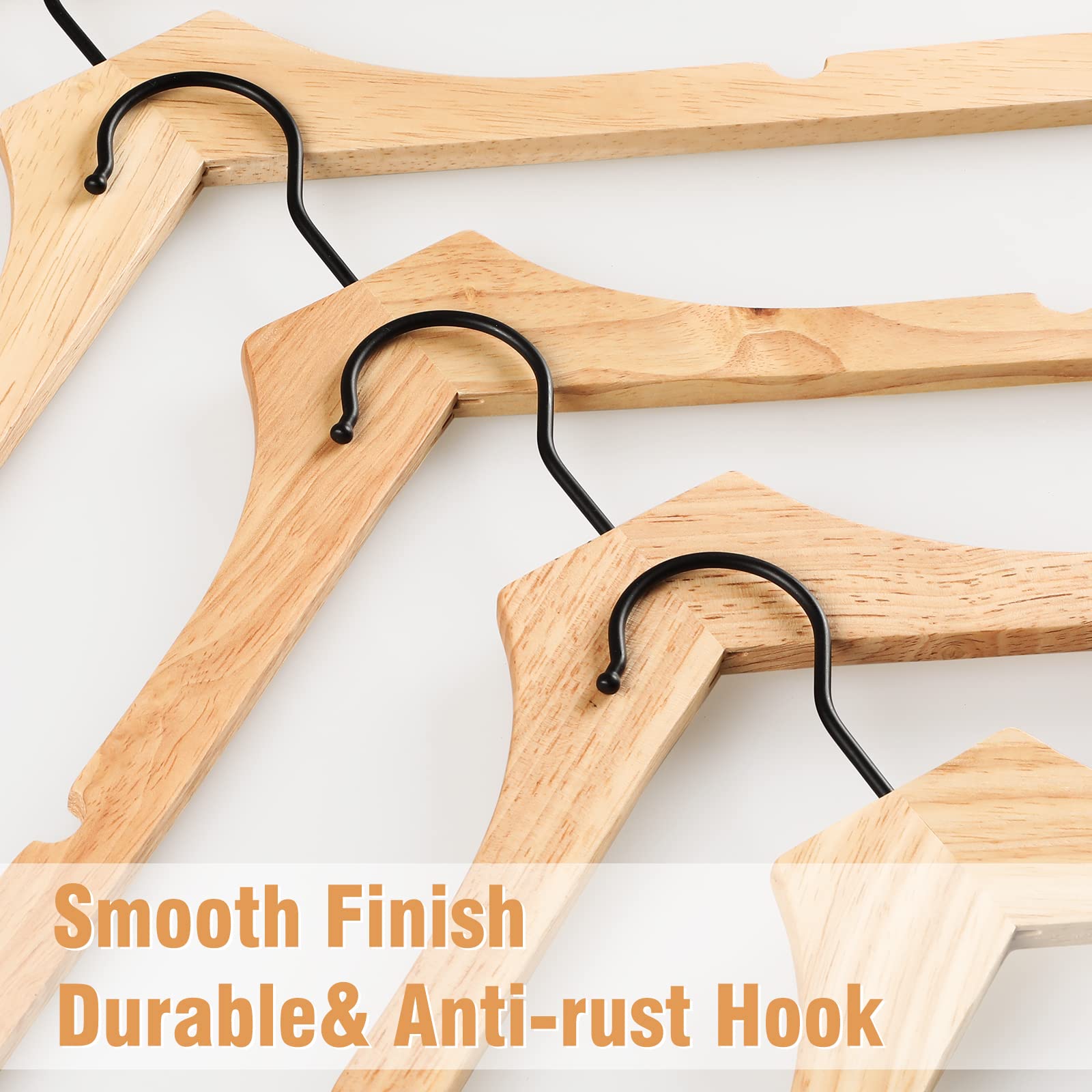 Topia Hanger Rubber Wood Hangers, Wooden Clothes Hangers With Rotatable Black Hook And Smooth Cut Nothces, Set Of 12 Durable And