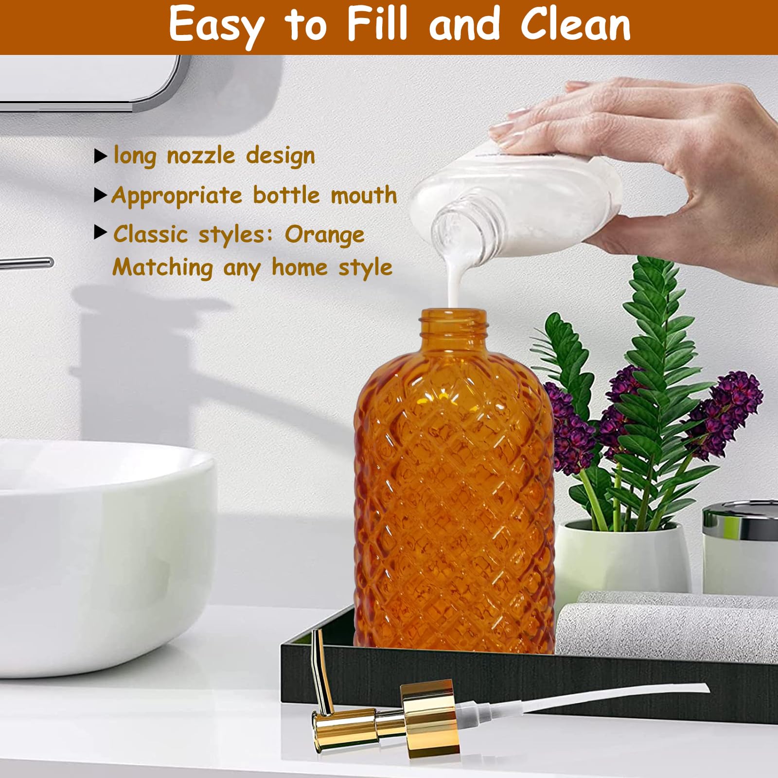 Orange Glass Soap Dispenser, 13.5Oz Bathroom Hand Dispenser, Lotion Dispenser With Gold Plastic Pump For Modern Home Decor, Kitc