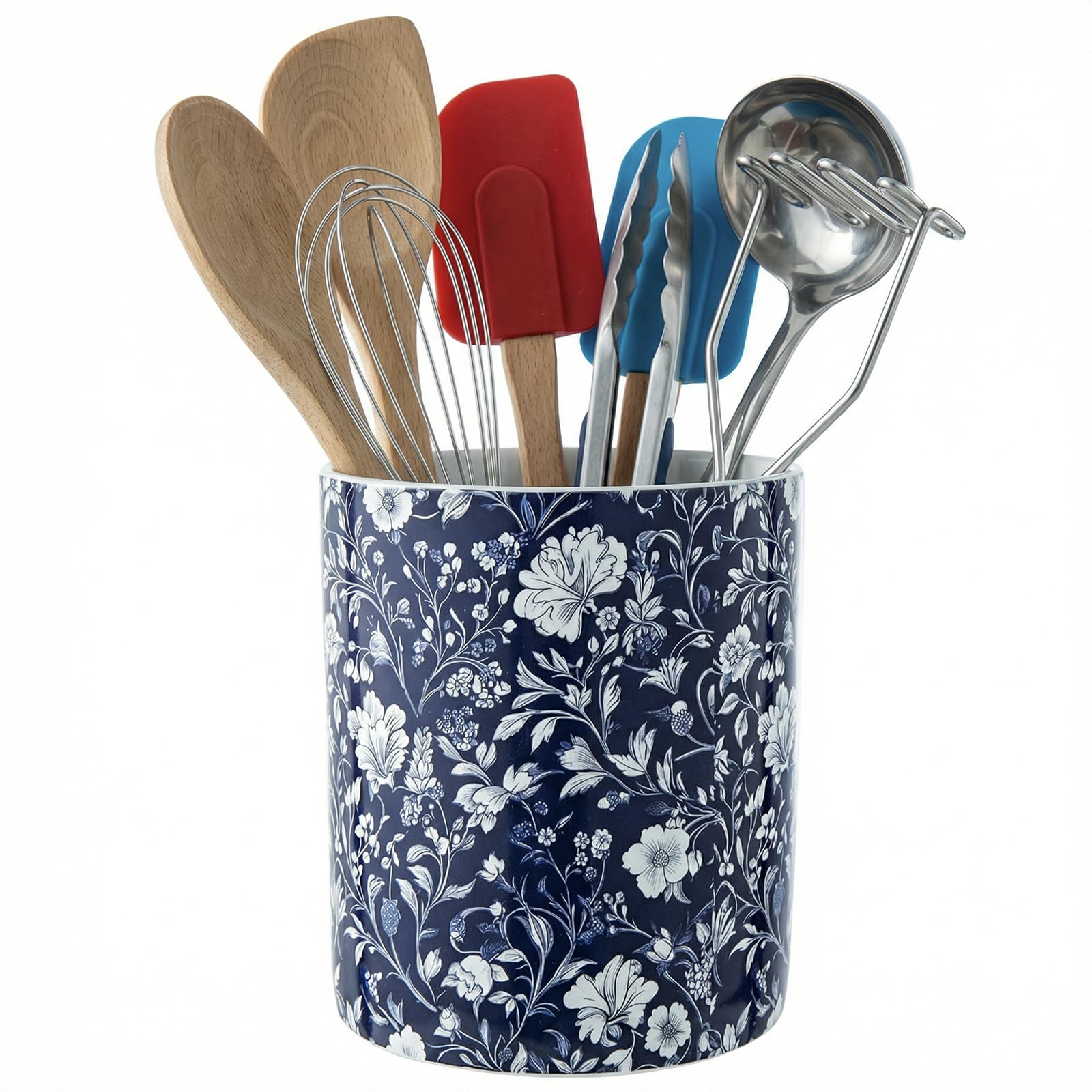 MyGift Blue White Floral Ceramic Utensil Holder, Kitchen Crock