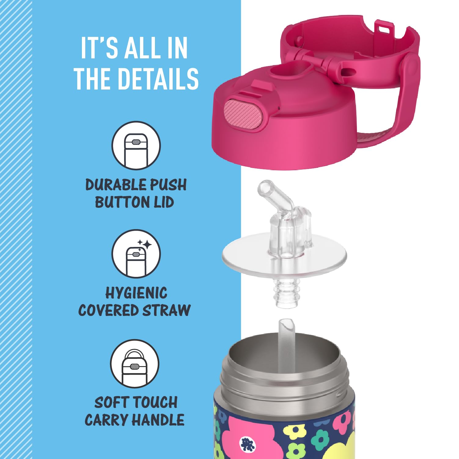 Thermos Funtainer Water Bottle With Straw - 12 Ounce, Mod Flowers - Kids Stainless Steel Vacuum Insulated Water Bottle With Lid