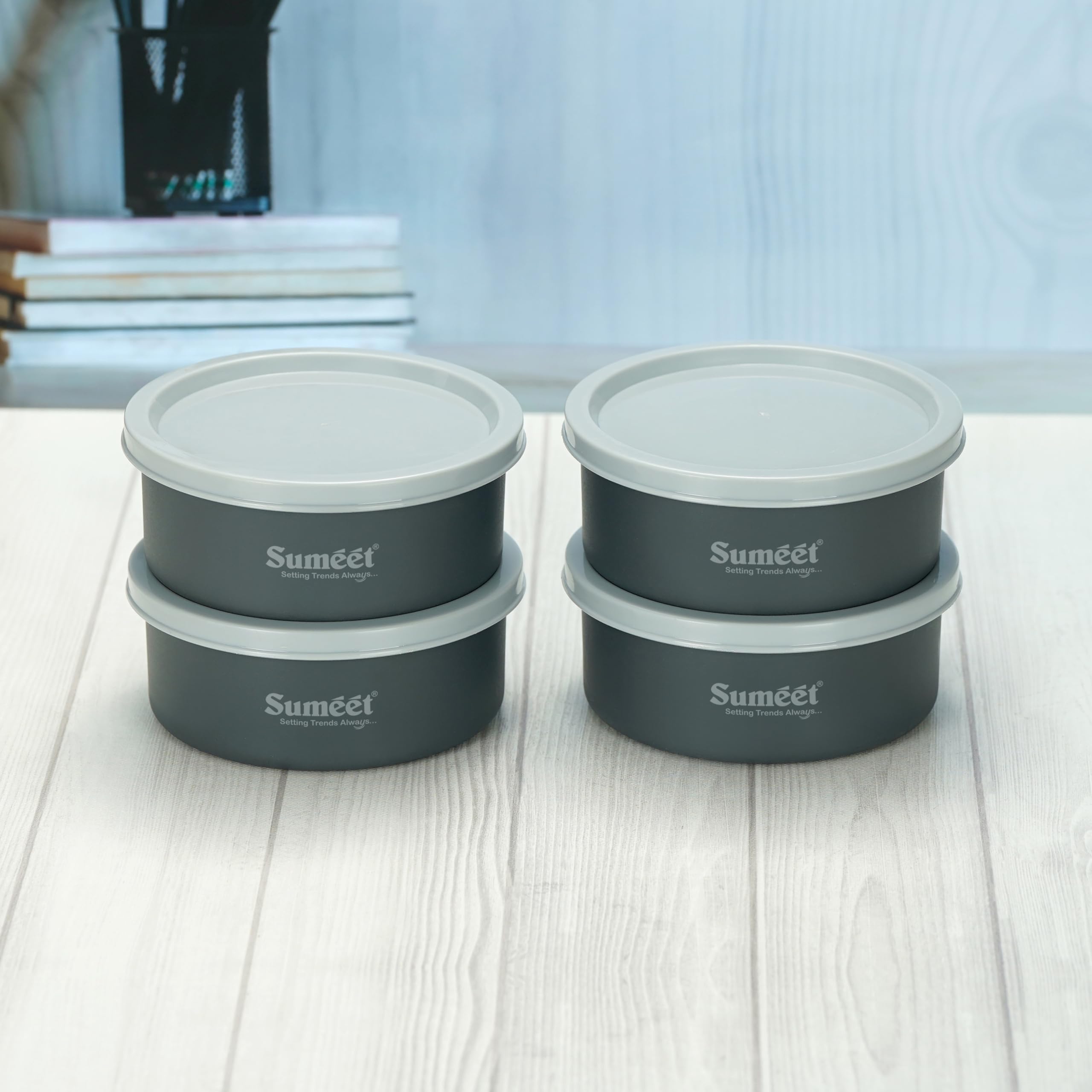 Sumeet Microwave Safe Stainless Steel Air Tight & Leak Proof Lunch Boxes Storage Containers With Lids For Kitchen Office School  420Ml  Set Of 4  Grey