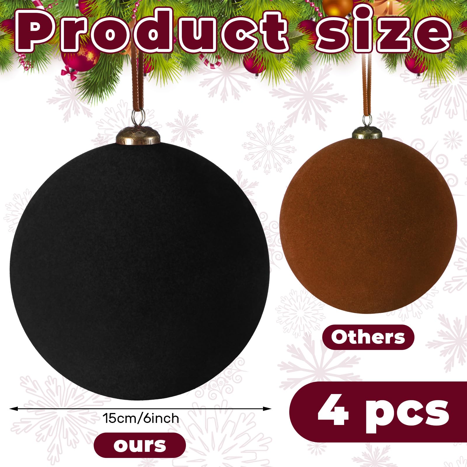 PullCrease 4 Pcs Large Velvet Christmas Balls 6 Inch Christmas Tree Decorations Xmas Ornaments Balls for Family Holiday Wedding