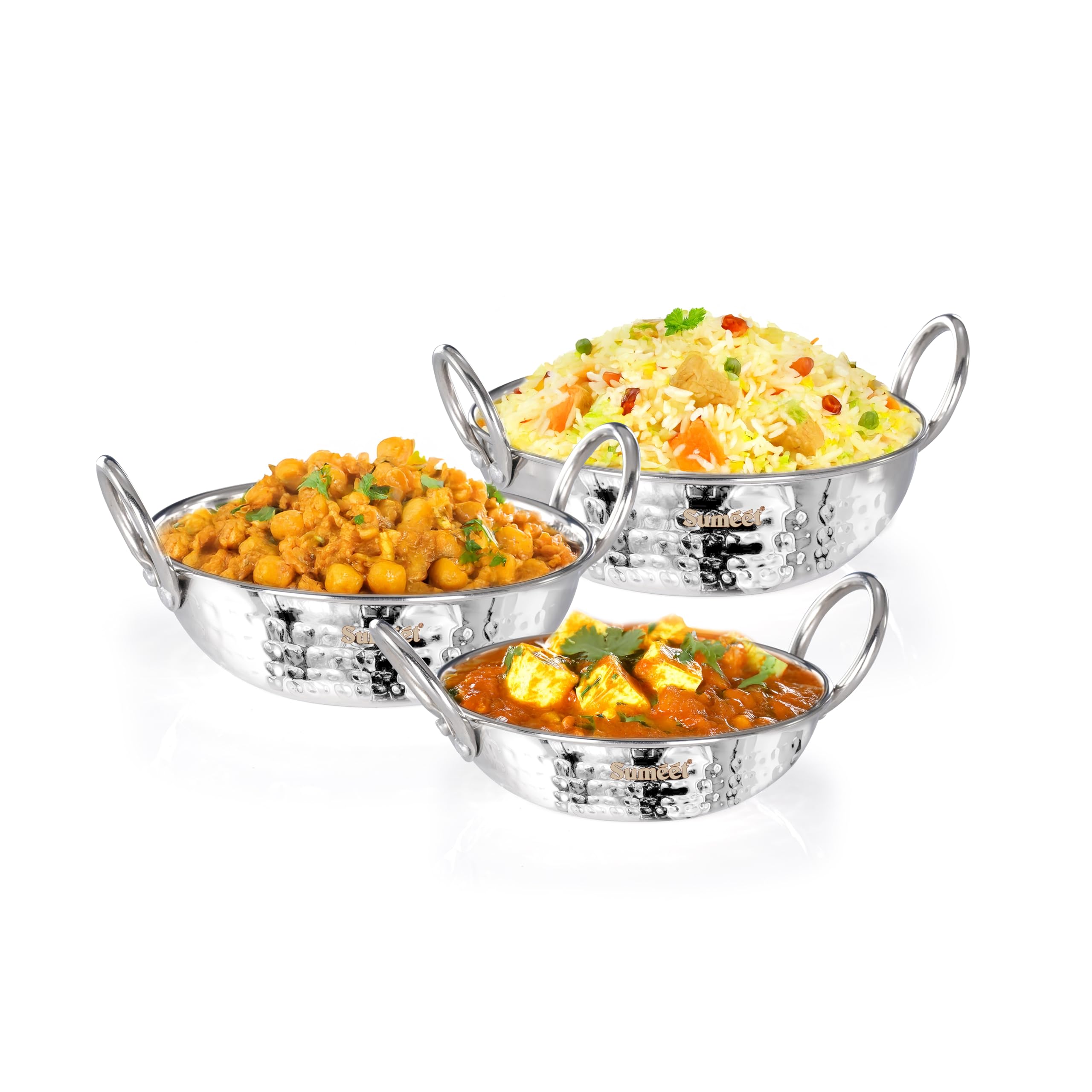 Sumeet Isi Certified Stainless Steel Mini Kadhai For Serving  Tadka - Hammered Kadai  Induction And Gas Stove Friendly  Small Size (Set Of 3Pc  350Ml  550Ml  750Ml  Silver)
