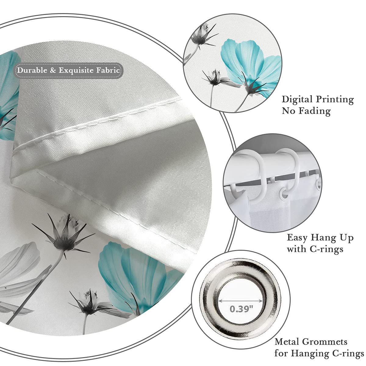 Kikiry Teal And Gray Floral Shower Curtain 60''W X 72''L Daisy Flower Elegant Wildflower Design Farmhouse Polyester Fabric Water
