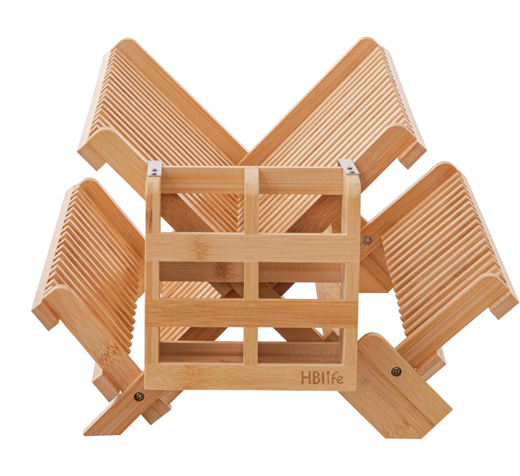 HBlife Bamboo Dish Drying Rack with Utensils Flatware Holder Set, 3-Tier Large Folding Drying Holder for Kitchen Counter, Collap
