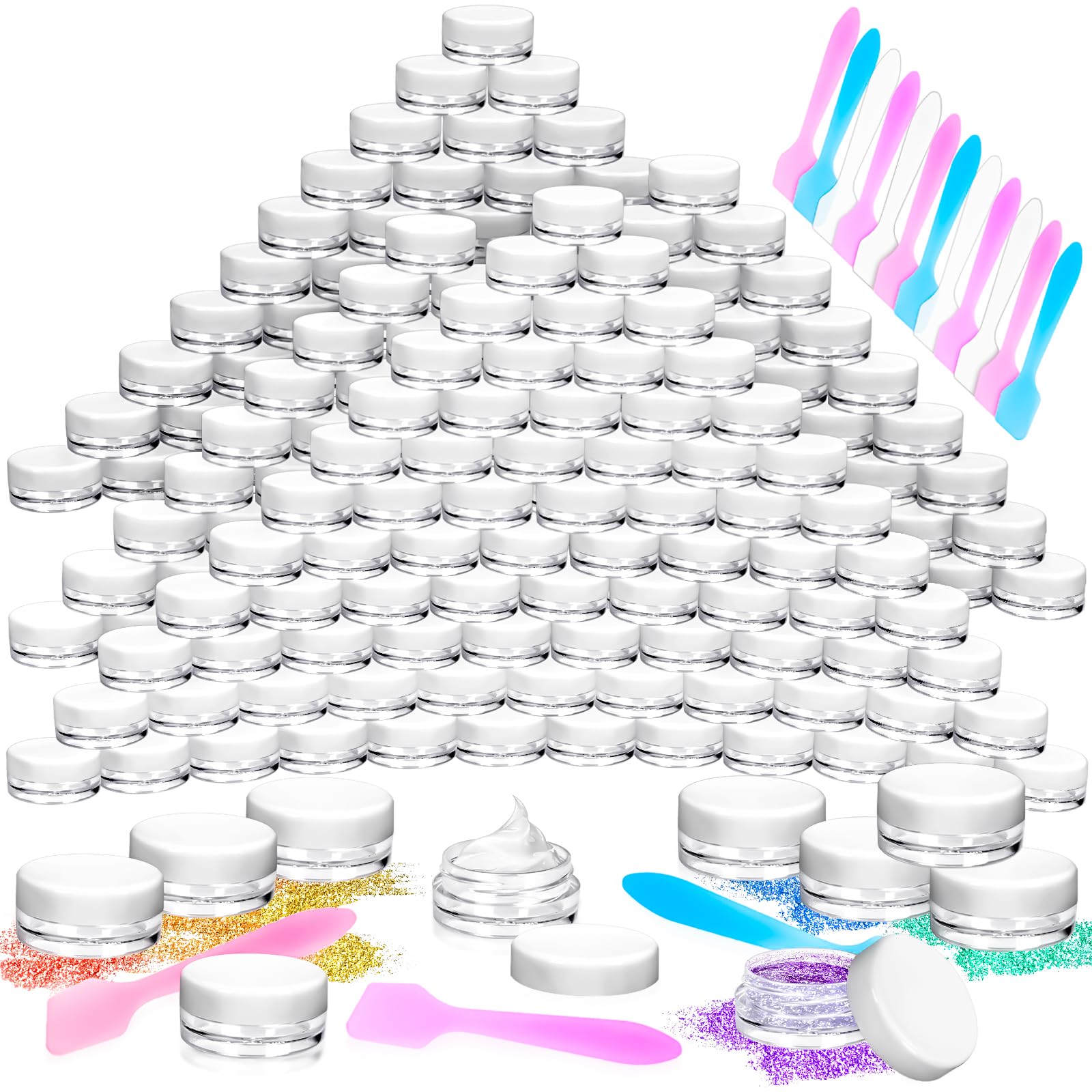 Motbach 100 Pcs 3G Empty Plastic Containers With White Lids,Tiny Makeup Sample Containers, Small Pot Jars Clear Round Cosmetic J