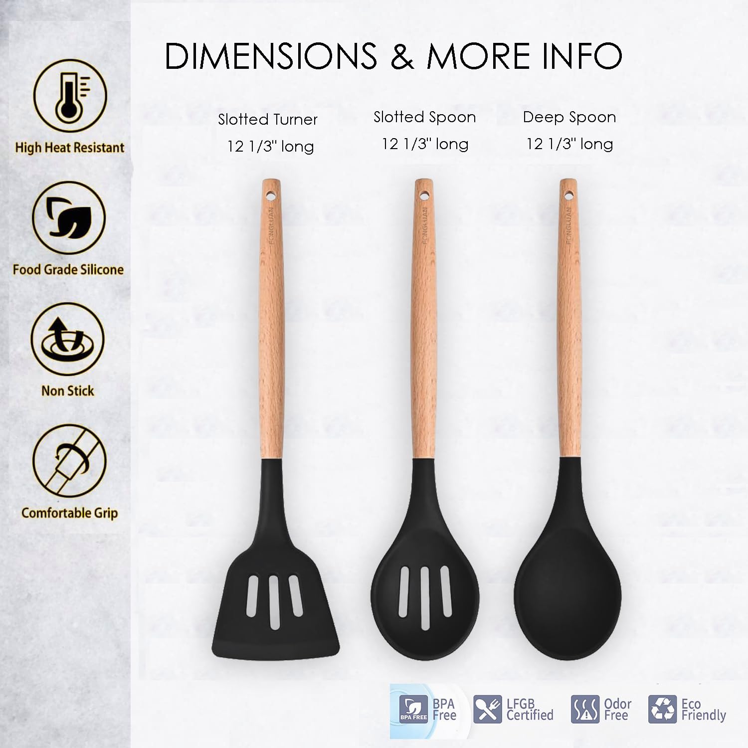 Fongluan Kitchen Utensils. Set Of 3, Silicone Cooking Utensils Set, Turner/Spatula, Spoons With Wooden Handle, Heat Resistant, N