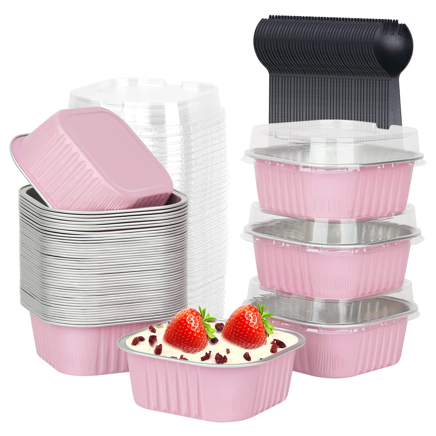 LNYZQUS 5oz Square Cupcake Pan With Lids 40 Pack, Aluminum Foil Muffin Pan Cups, Disposable Ramekins Mini Cake Brownie Baking Pa