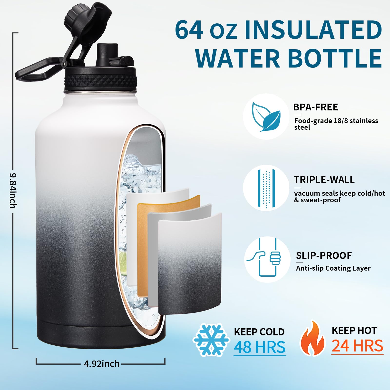 Half Gallon Water-Bottle with straw - 64oz Vacuum Insulated Water Bottles with Paracord Handle  Straw Spout Lids  Water Bottle Carrier Holder  Protective Cup Mat  2 Liter Stainless Steel Water Jug