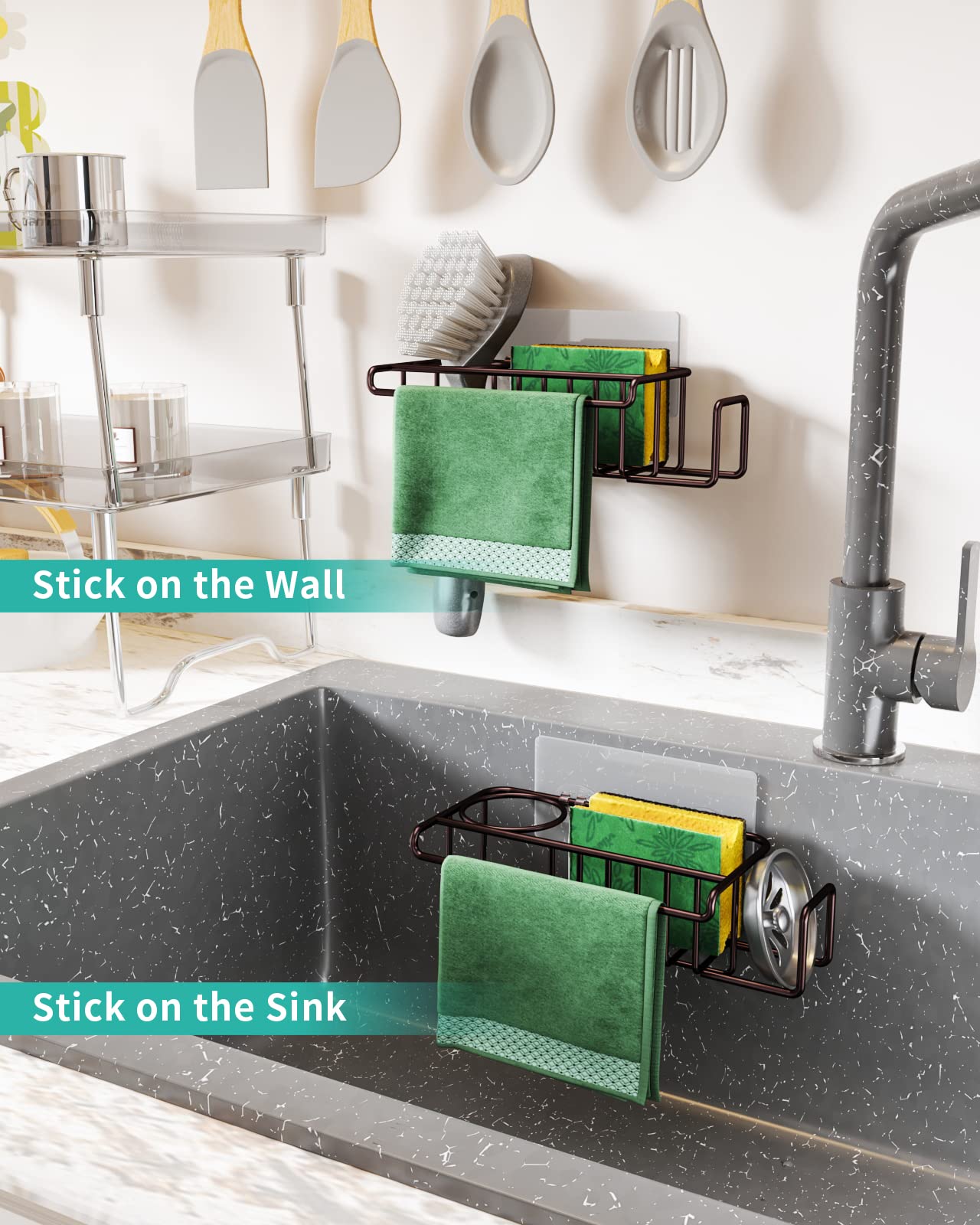 Hapirm 4 In 1 Adhesive Kitchen Sink Organizer, Sus304 Stainless Steel Brush Holder + Dish Cloth Hanger + Soap Rack + Sink Stoppe
