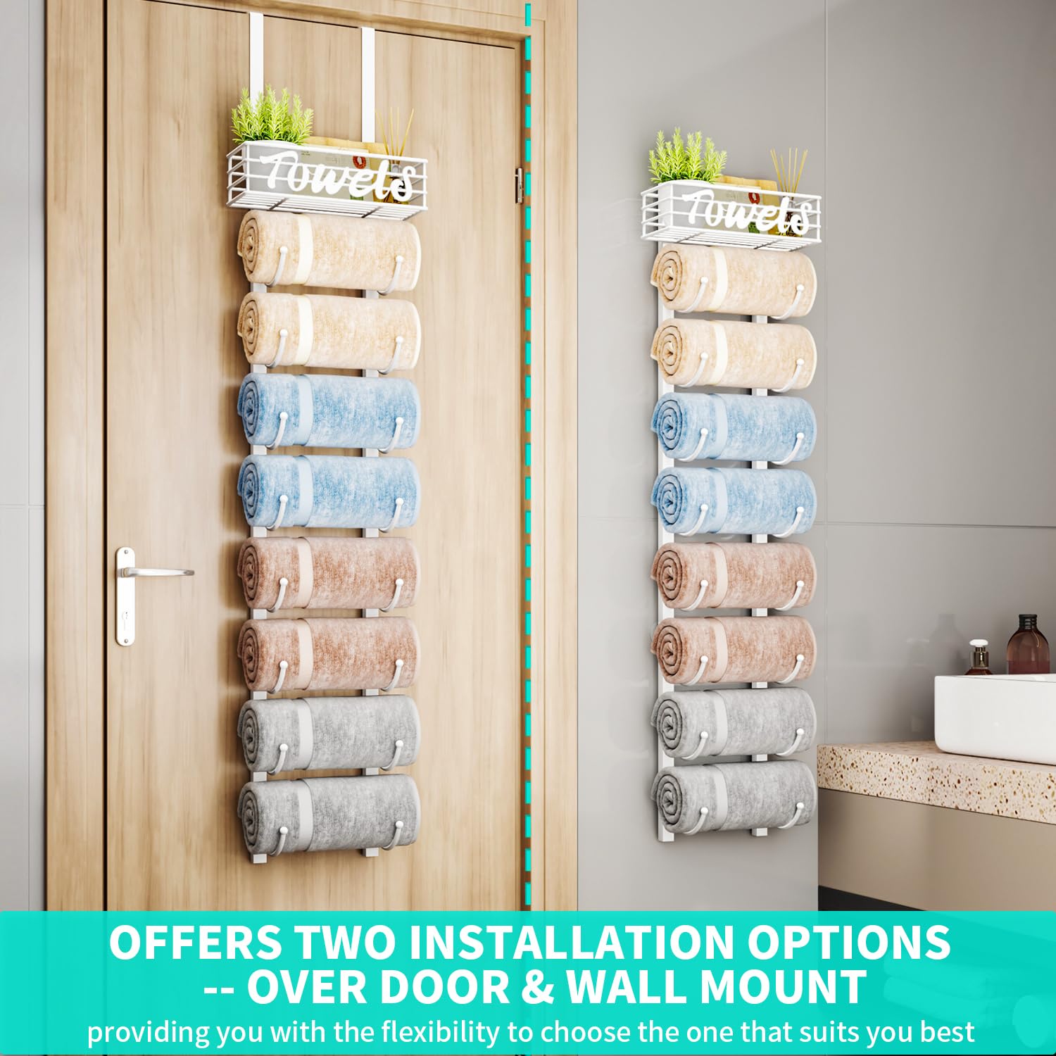 Hapirm Over Door Towel Racks - 9 Tier Over The Door Towel Racks For Bathroom, Wall Mounted Towel Holder With Metal Shelf, Rolled