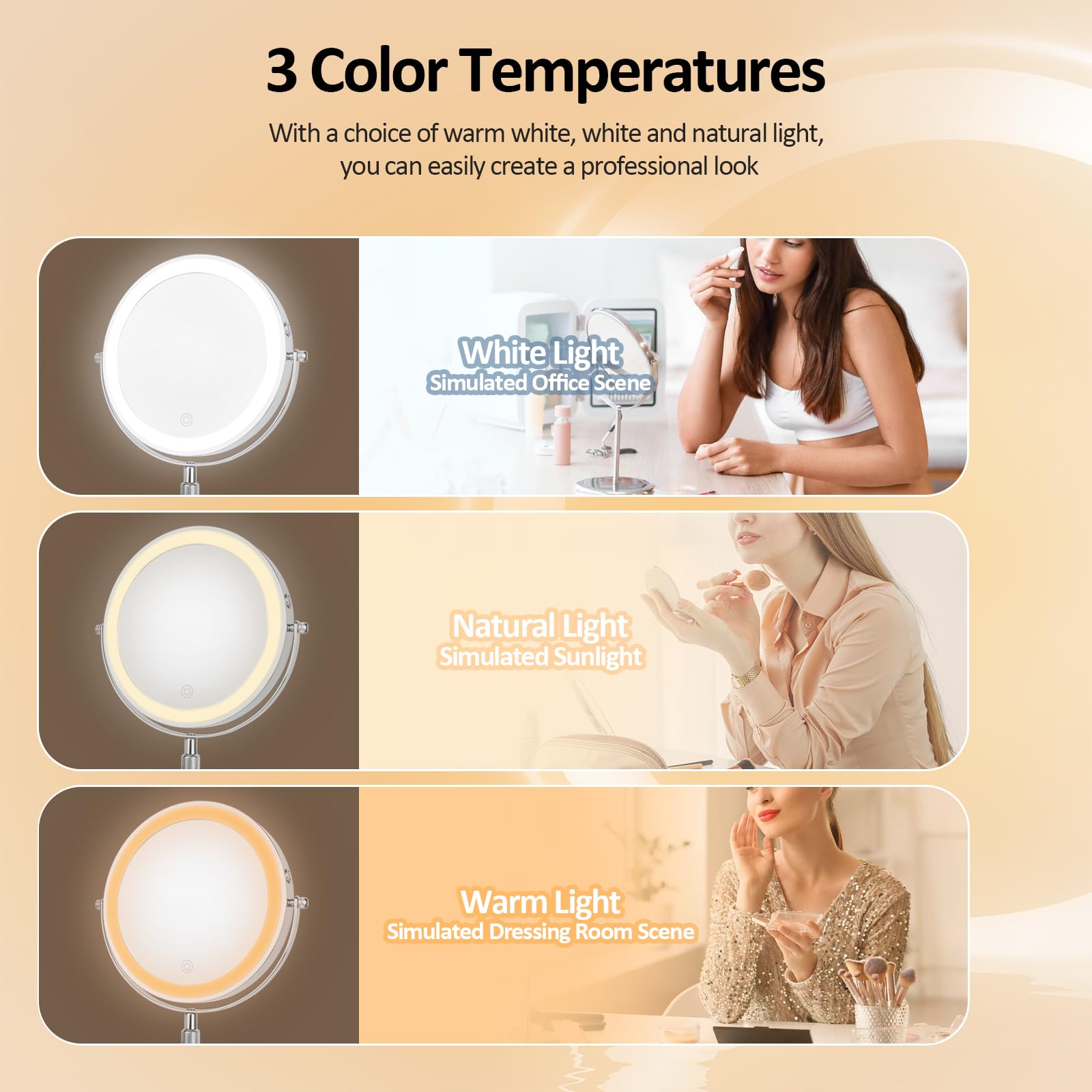 Seaemiko 8'' Makeup Mirror With Lights, Rechargeable 1X/10X Led Lighted Magnifying Mirror With 3 Colors, 360 Rotation Rechargeab