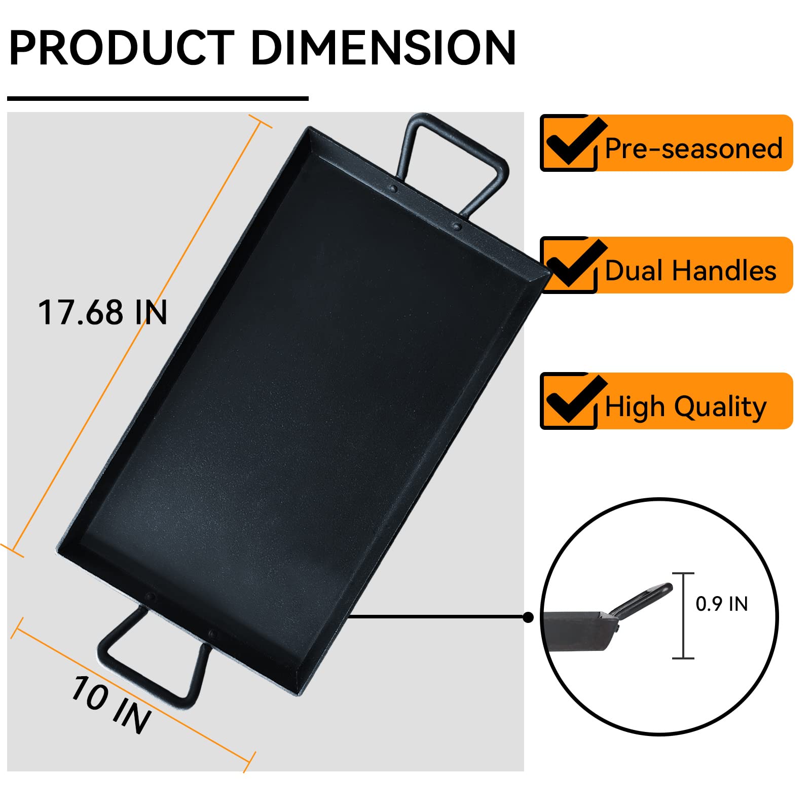 Keleday Cast Iron Griddle Pan - Pre-Seasoned, Non-Stick, 17.68"x10", Black, Square for Indoor/Outdoor Cooking