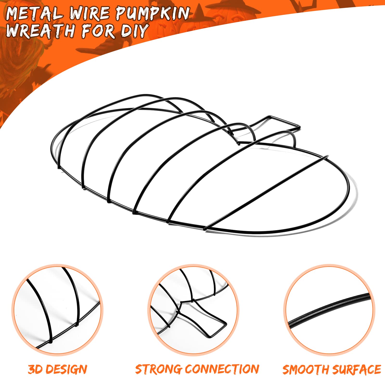 Hotop 3 Pcs 10 x 7.3 Inches Thanksgiving Pumpkin Shaped Metal Wreath Form Fall Wire Floral Frame Halloween 3D Pumpkin Wreath Ind
