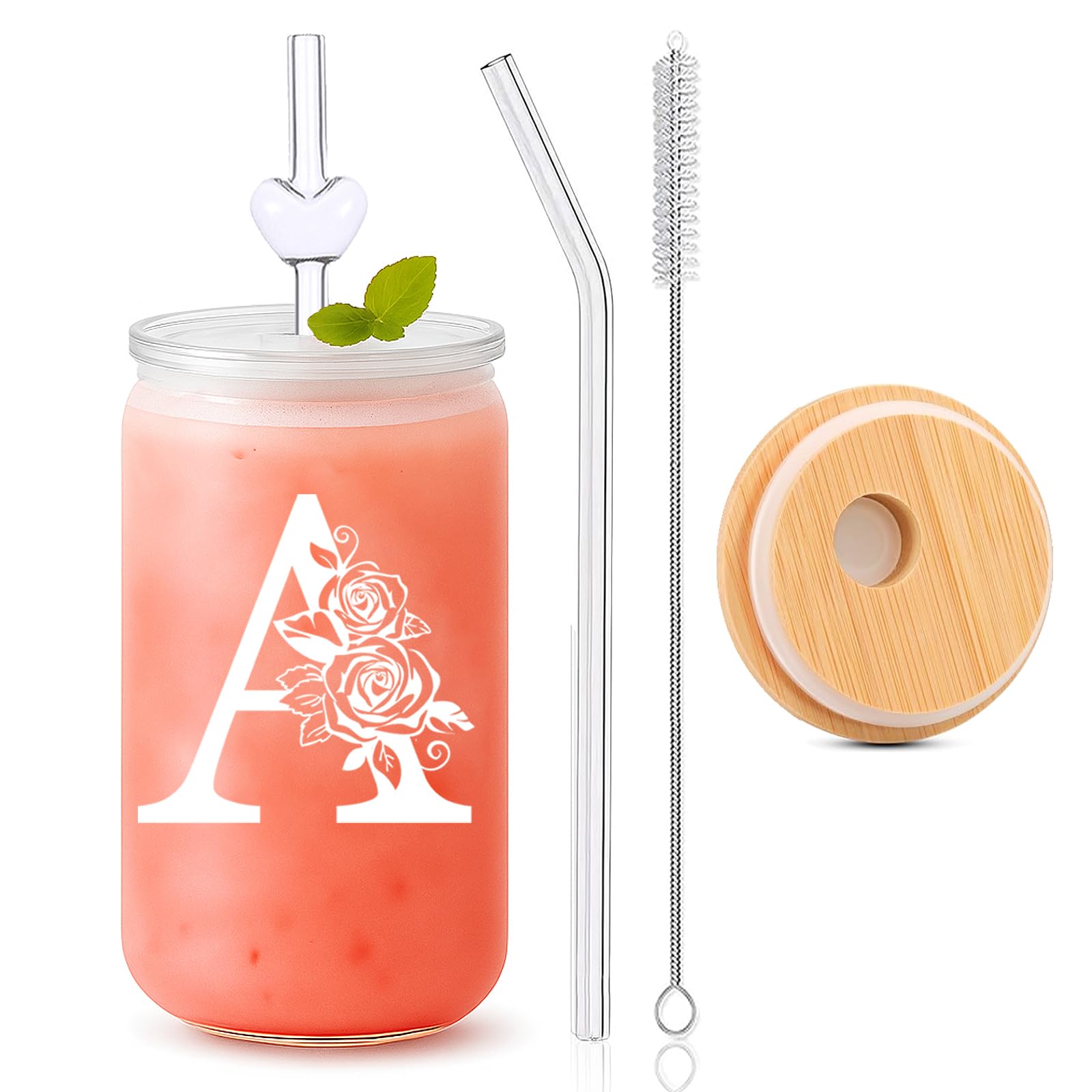 DAMCONME Personalized Gifts for Women, Initial A Glass Cup with Lid and Straw, Monogram Glass Tumbler for Her, Birthday Gift