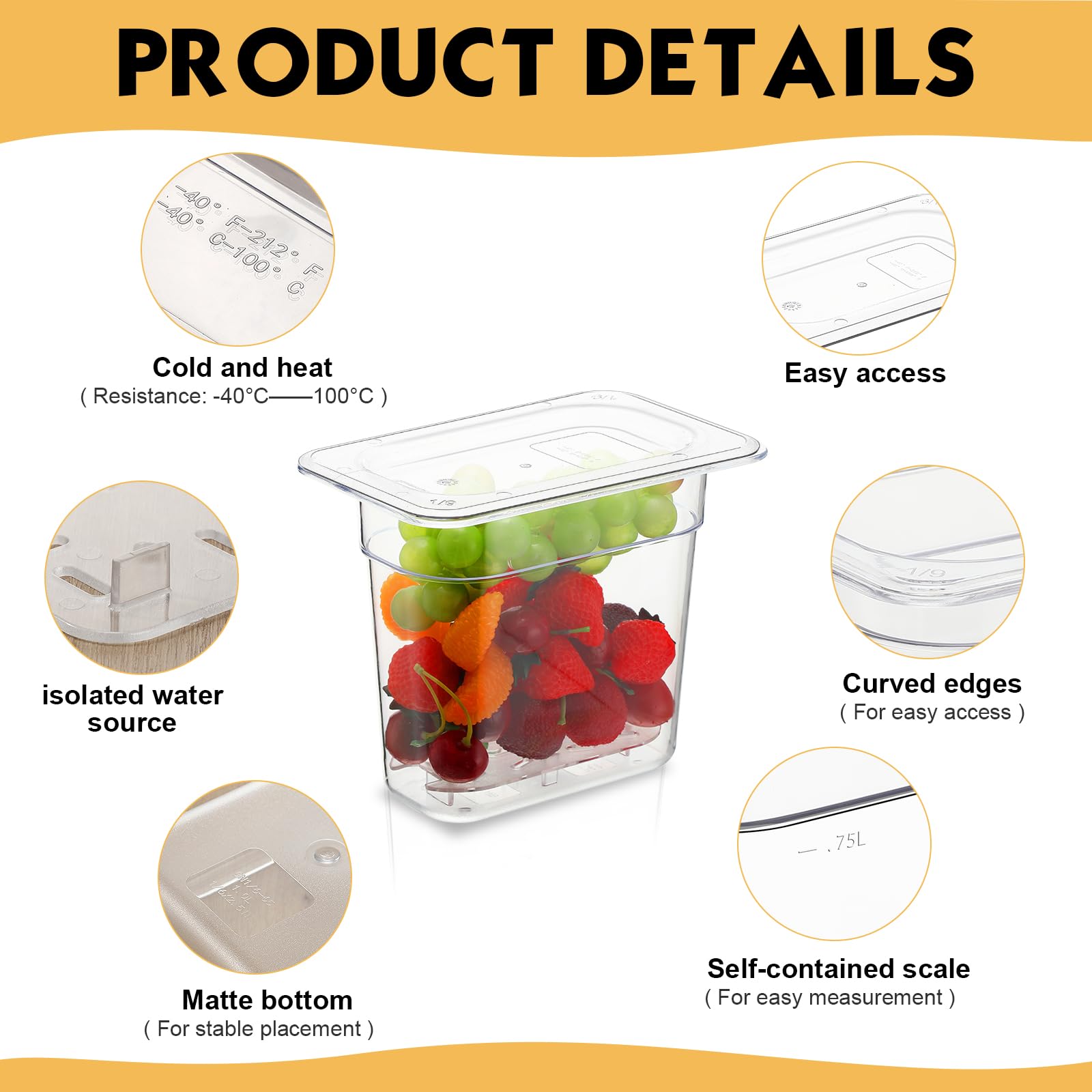 Sunnyray 6 Set 1/9 Size Polycarbonate Food Pans With Lids And Drain Shelf Deep Square Food Storage Containers For Kitchen Restau