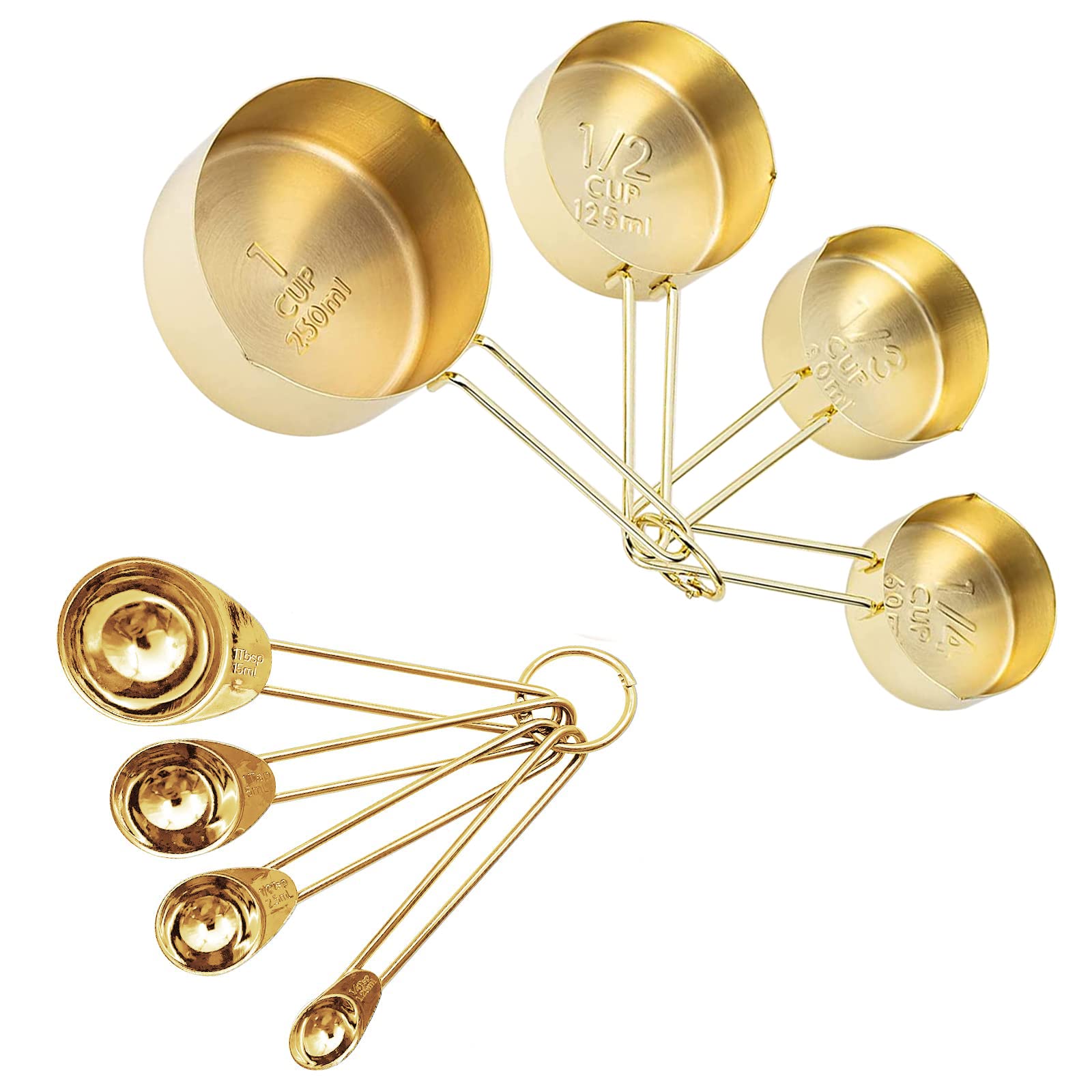 Lyfjxx Gold Measuring Cups And Spoons Set, 8 Pcs Metal Measuring Cups And Stainless Steel Measuring Spoons Set For Kitchen