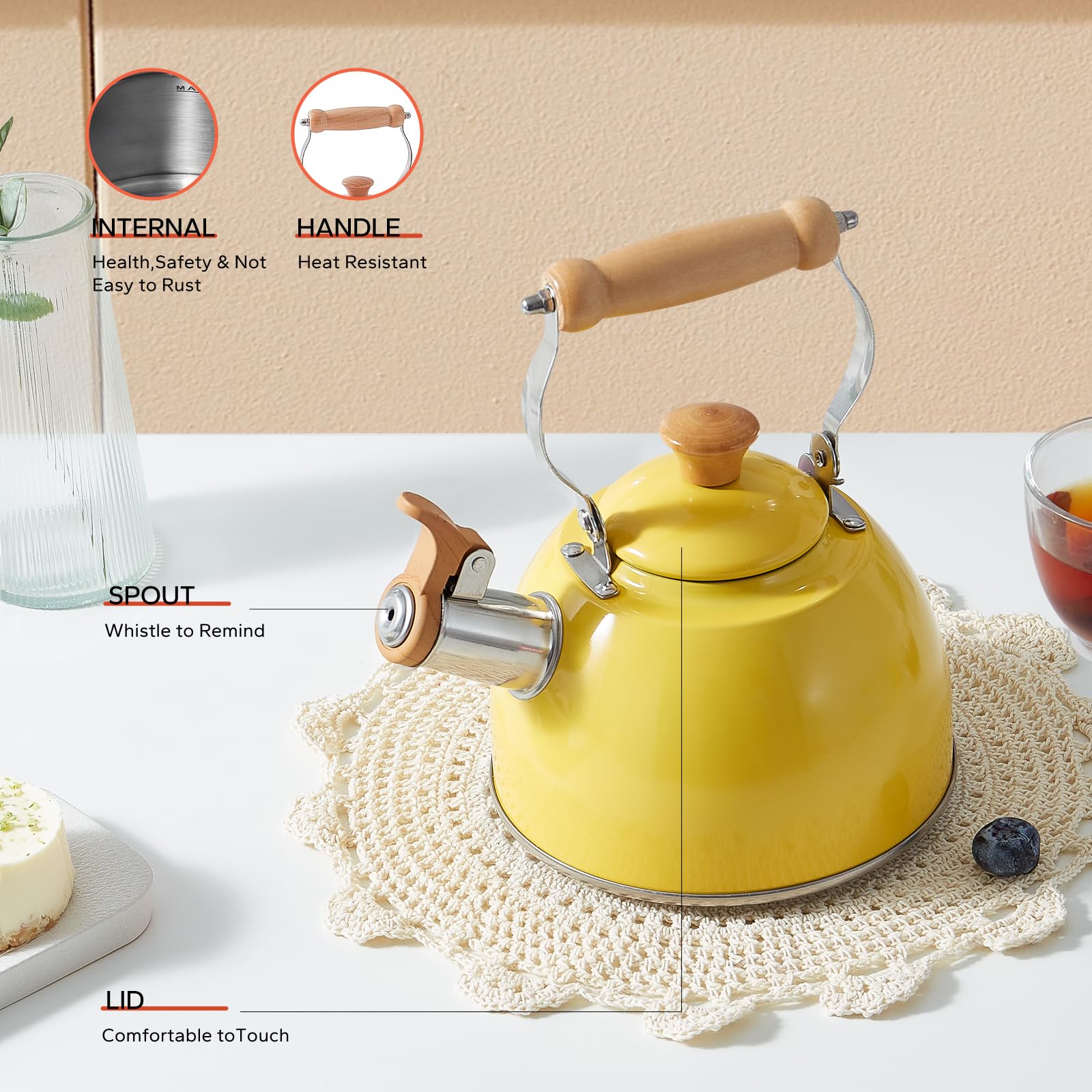 Rockurwok Tea Kettle, Tea Pot With Cool Touch Ergonomic Handle, Tea Kettle Food Grade Stainless Steel, Tea Kettle Stovetop, Kett