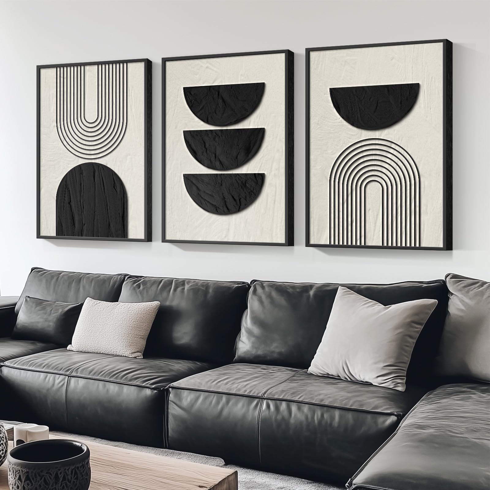 Framed Boho Wall Art For Living Room, Large 3 Piece Neutral Geometric Black And Beige Abstract Pictures Wall Art Decor, Farmhous
