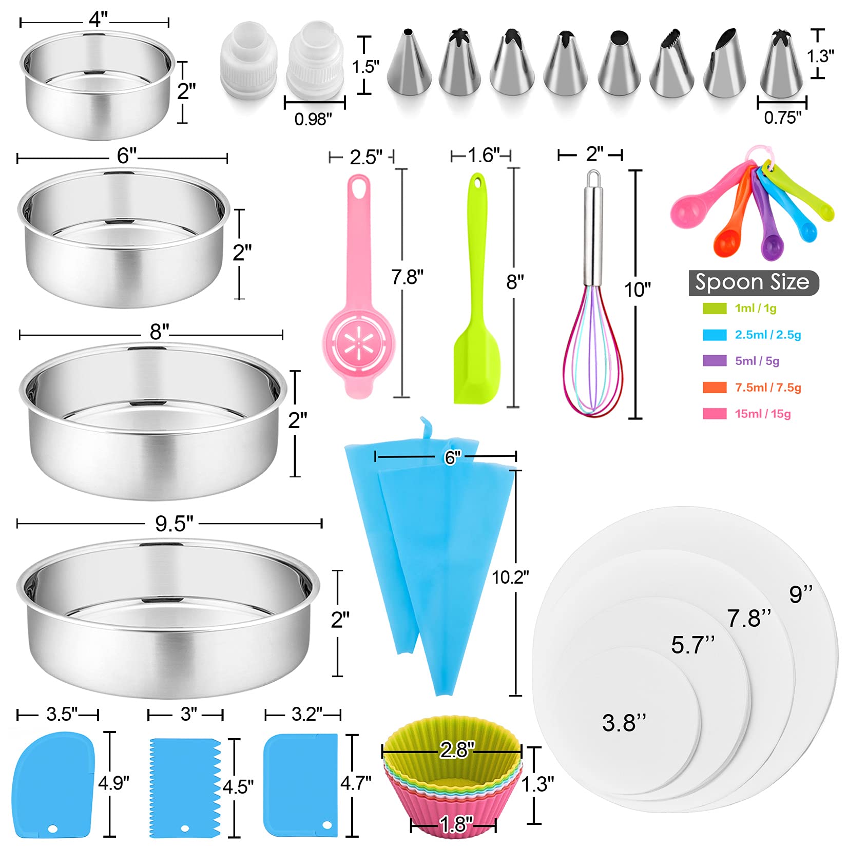 153Pcs Cake Baking Pan Set Decorating Supplies Kit, P&P Chef Stainless Steel 4/6/8/9.5 Inch Cake Pans With Icing Tips Tools, Par