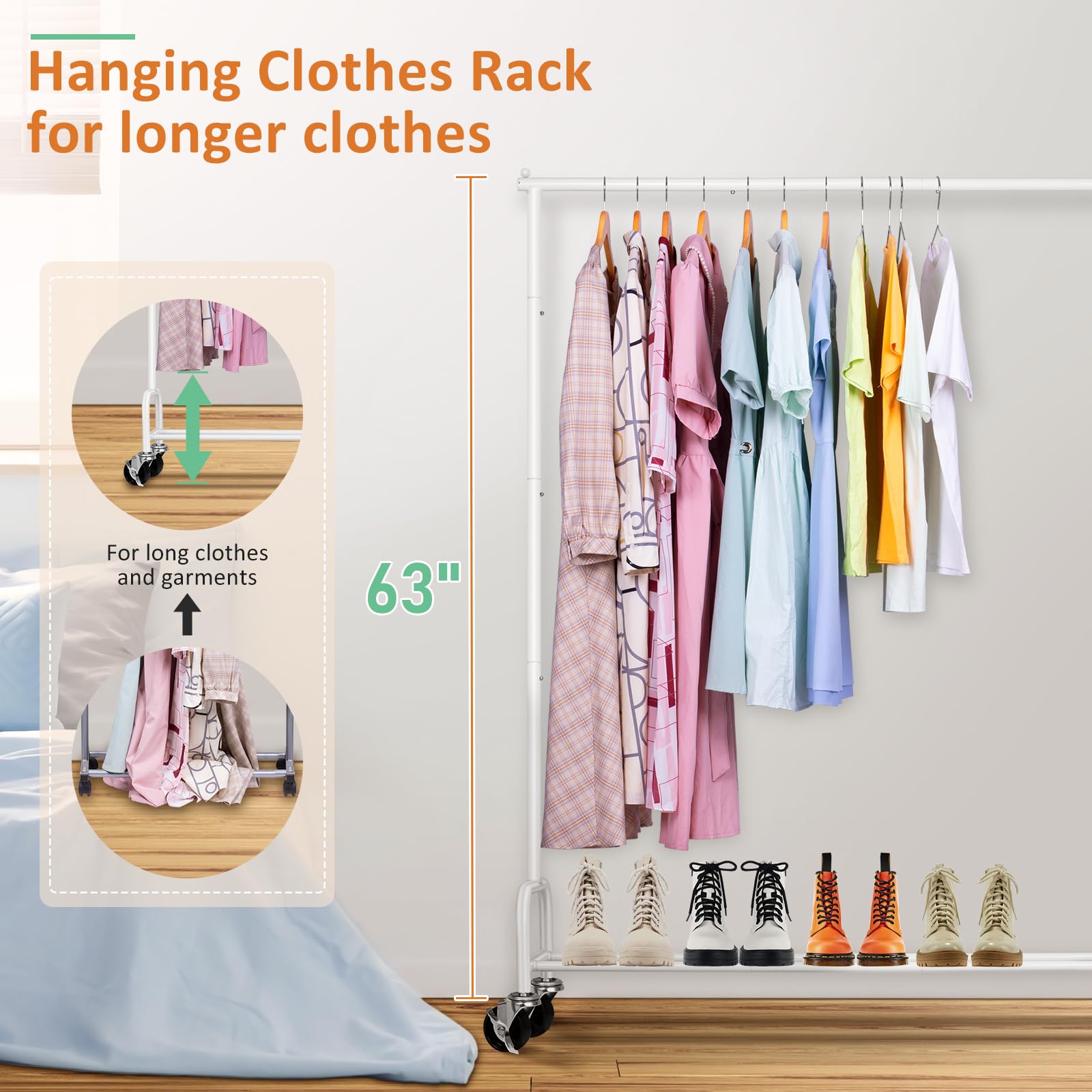 Sleeping Lamb Heavy Duty Clothes Racks For Hanging Clothing Rack, 43'' Wide Rolling Garment Rack Metal Wardrobe Rack With Wheels