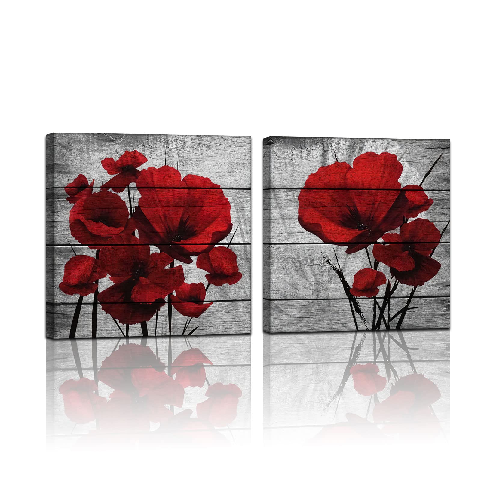 Poppy Wall Art,Big Red Poppies Canvas Wall Decor,Red Black Gray 2 Piece Print Pictures,Crimson Red Flower Bedroom Living Room De