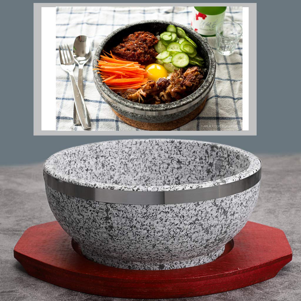 Mdluu 2 Pcs Dolsot Bibimbap Bowl 32 Oz, Granite Stone Bowl With Wood Base, Dolsot Pot For Korean Soup, Rice And Stew