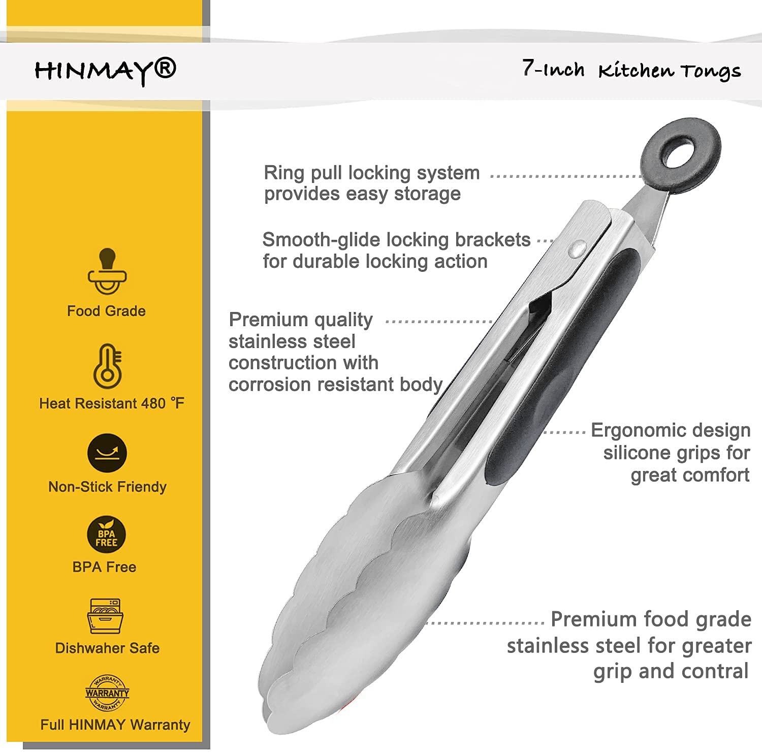 Hinmay Small Stainless Steel Serving Tongs 7-Inch Mini Food Tongs, Set Of 3