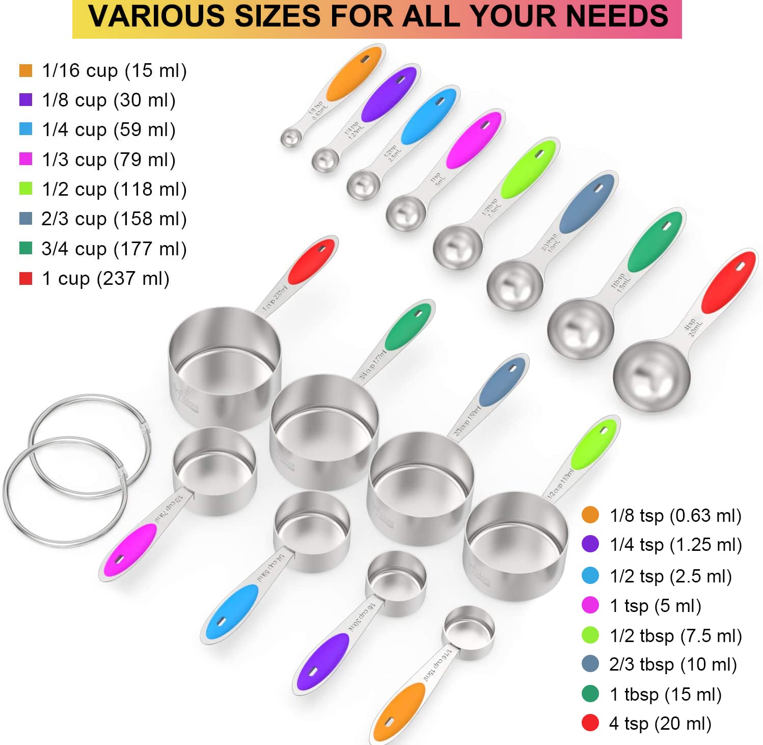 Measuring Cups & Spoons Set Of 16, Wildone Premium Stainless Steel Measuring Cups And Measuring Spoons With Colored Silicone Han